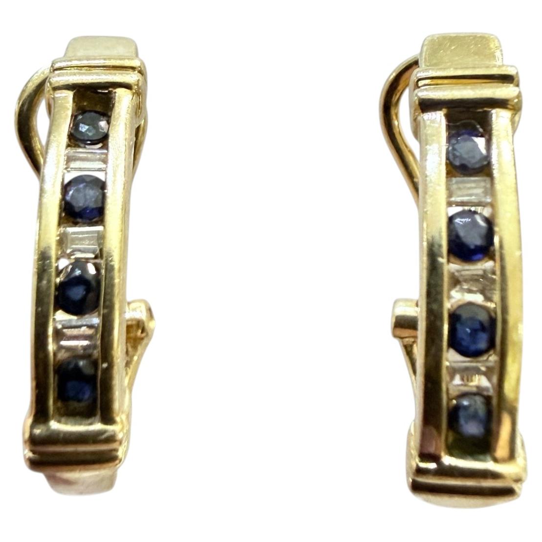 10k Yellow Gold .12 Carat Blue Sapphire & .08 Carat Diamond Omega Earrings
