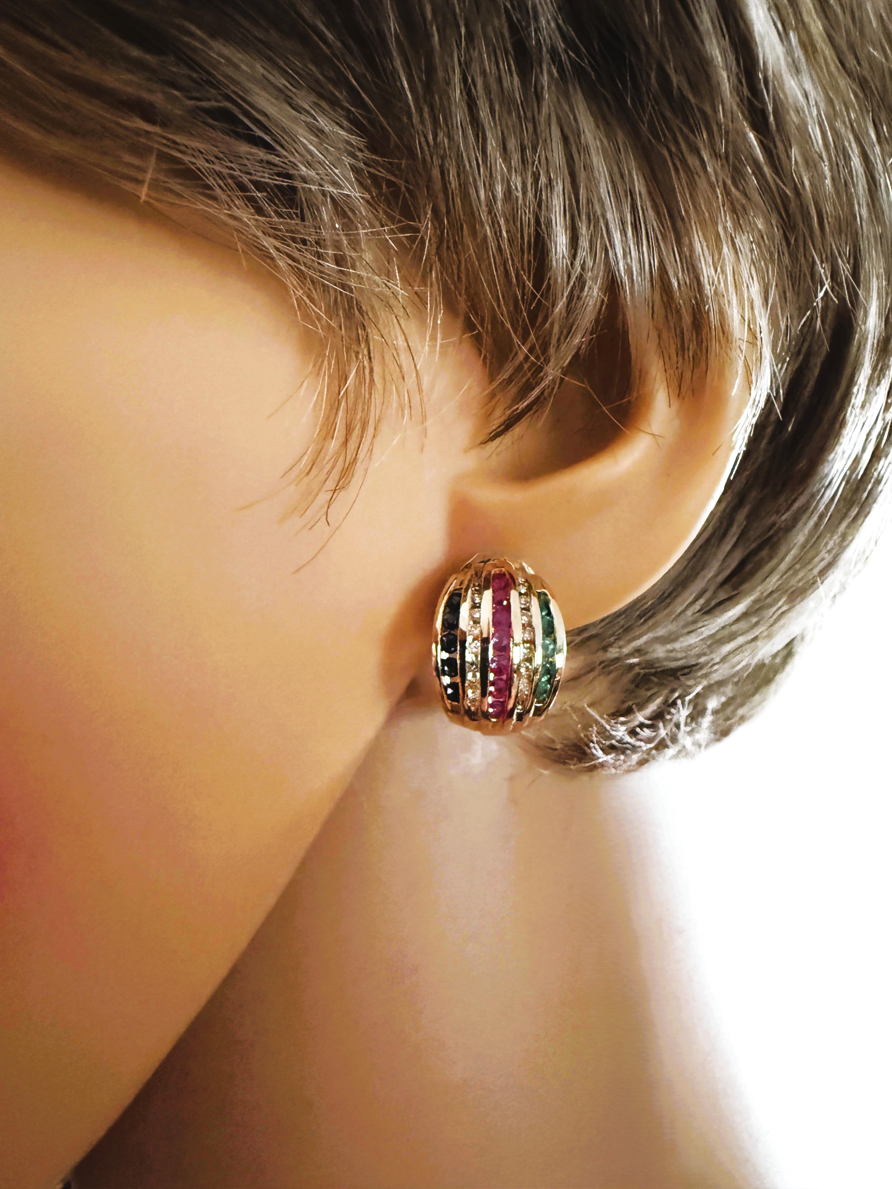 Taglio brillante 10k Yellow Gold 1.20 Carat Diamond, Emerald, Ruby, & Sapphire Omega Earrings in vendita