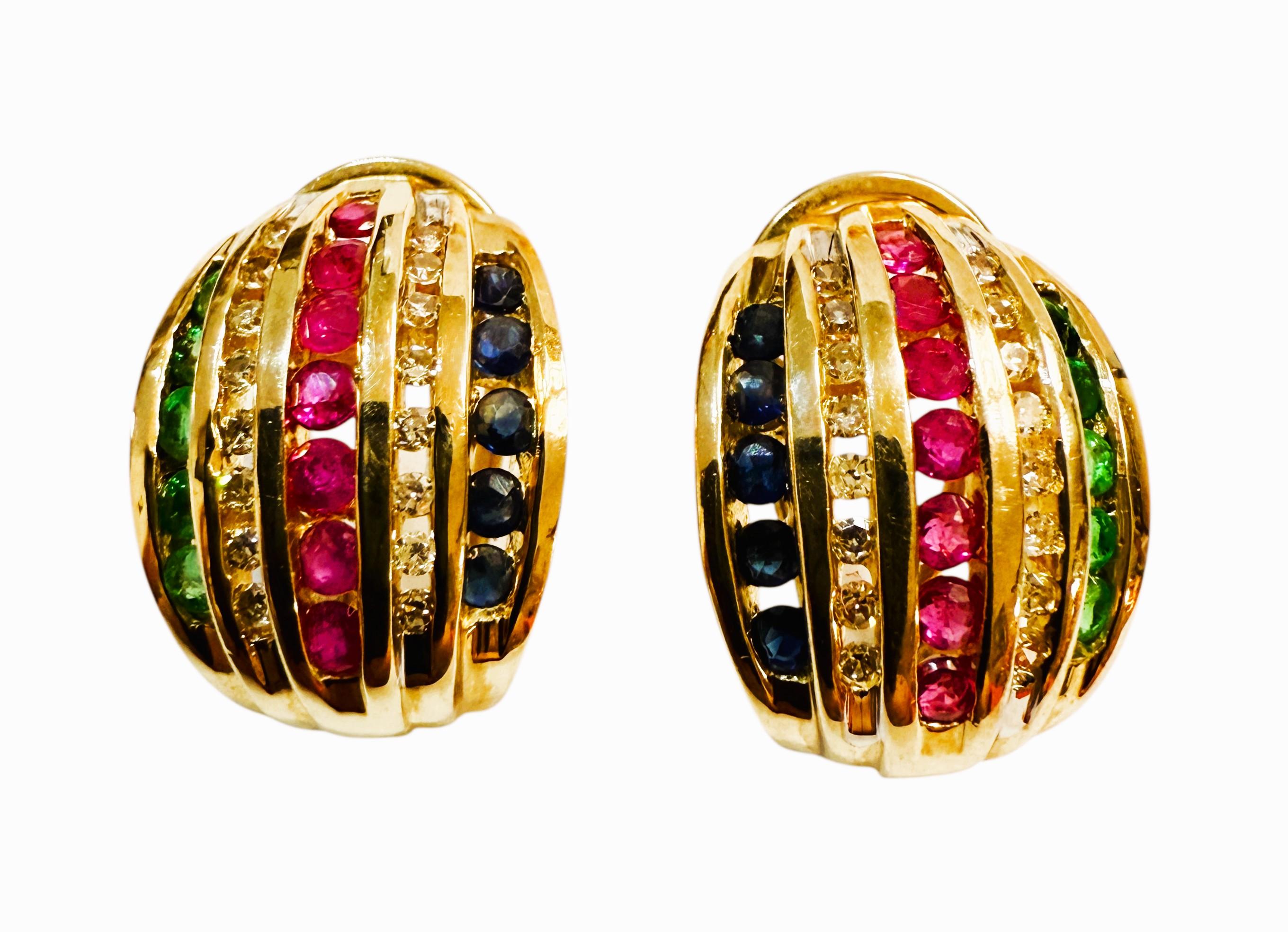 10k Yellow Gold 1.20 Carat Diamond, Emerald, Ruby, & Sapphire Omega Earrings In condizioni ottime in vendita a Eagan, MN