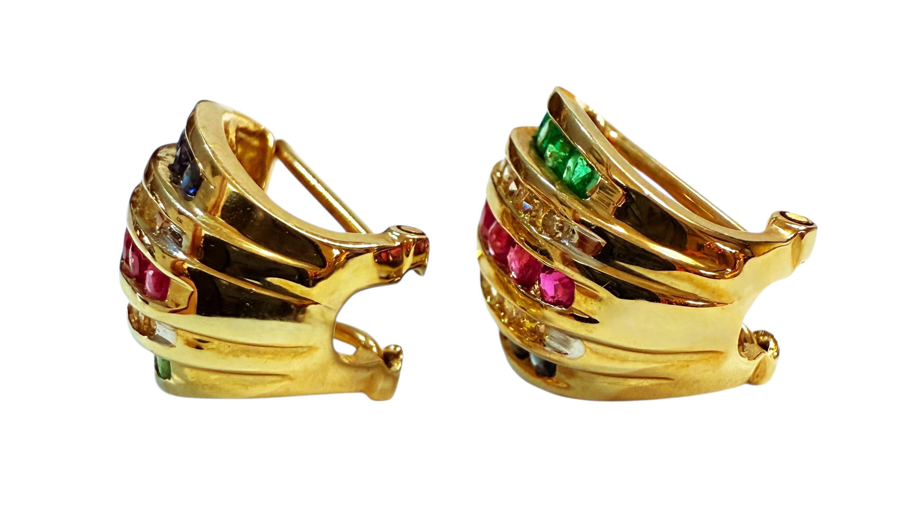 Donna 10k Yellow Gold 1.20 Carat Diamond, Emerald, Ruby, & Sapphire Omega Earrings in vendita