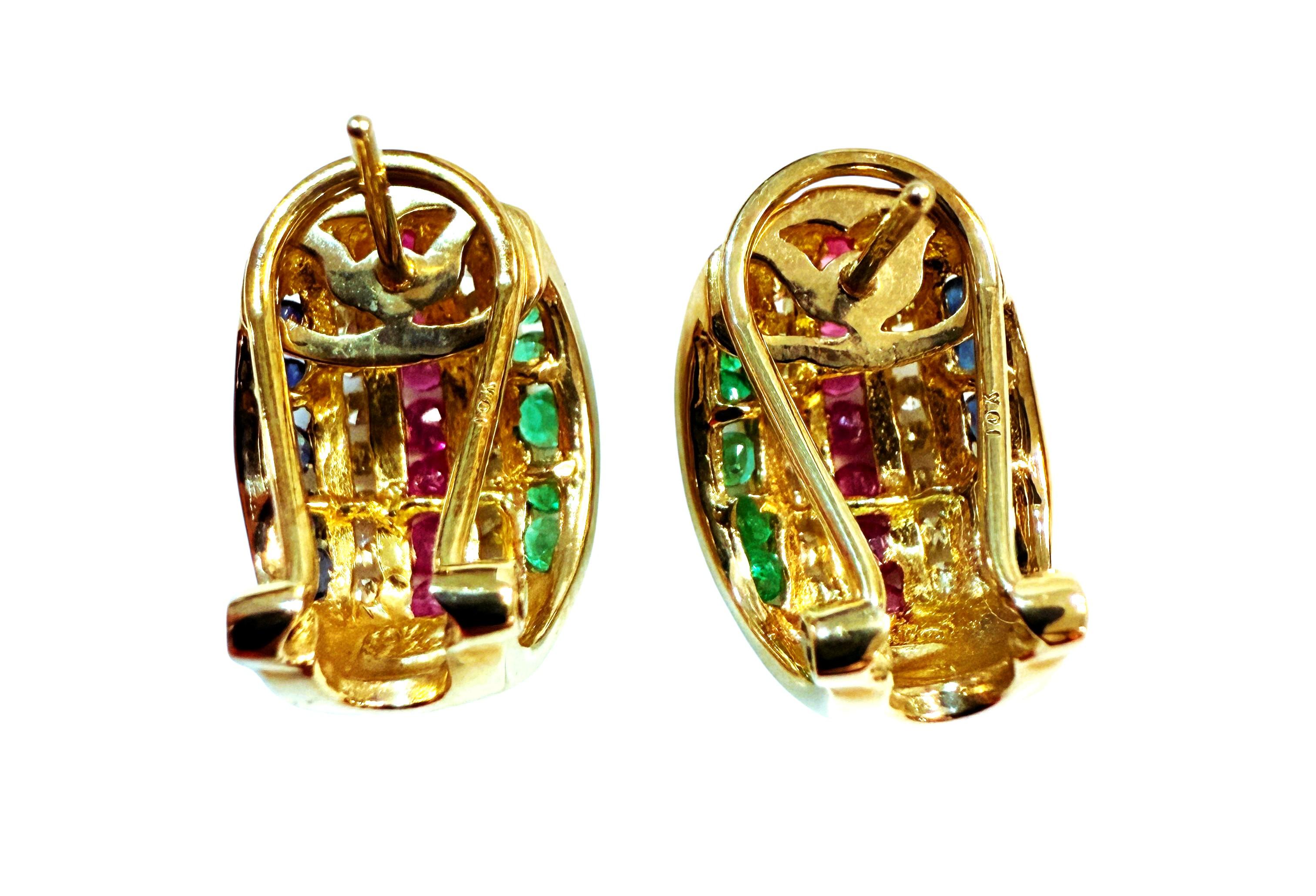 10k Yellow Gold 1.20 Carat Diamond, Emerald, Ruby, & Sapphire Omega Earrings in vendita 1