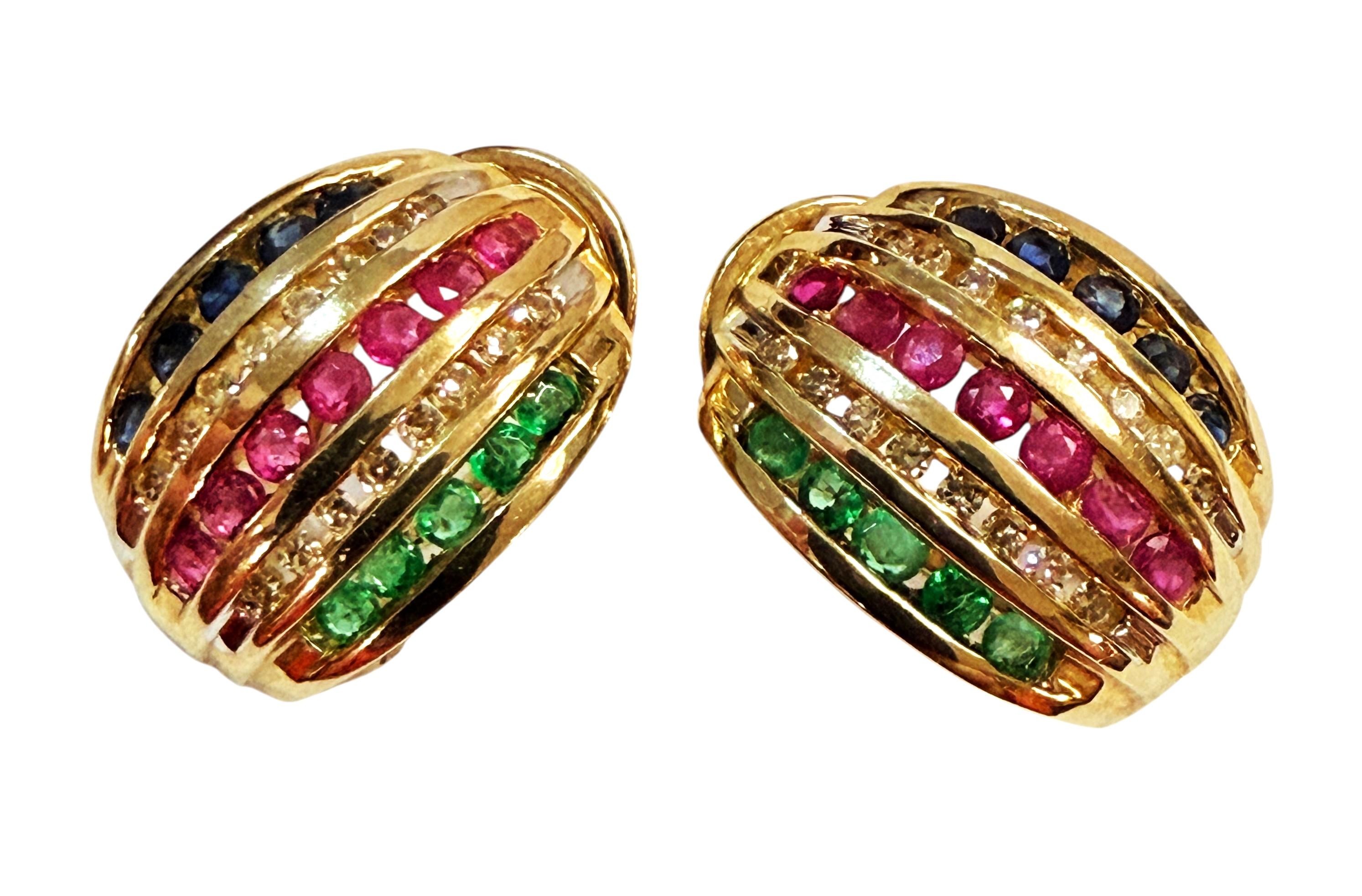 10k Yellow Gold 1.20 Carat Diamond, Emerald, Ruby, & Sapphire Omega Earrings in vendita 3