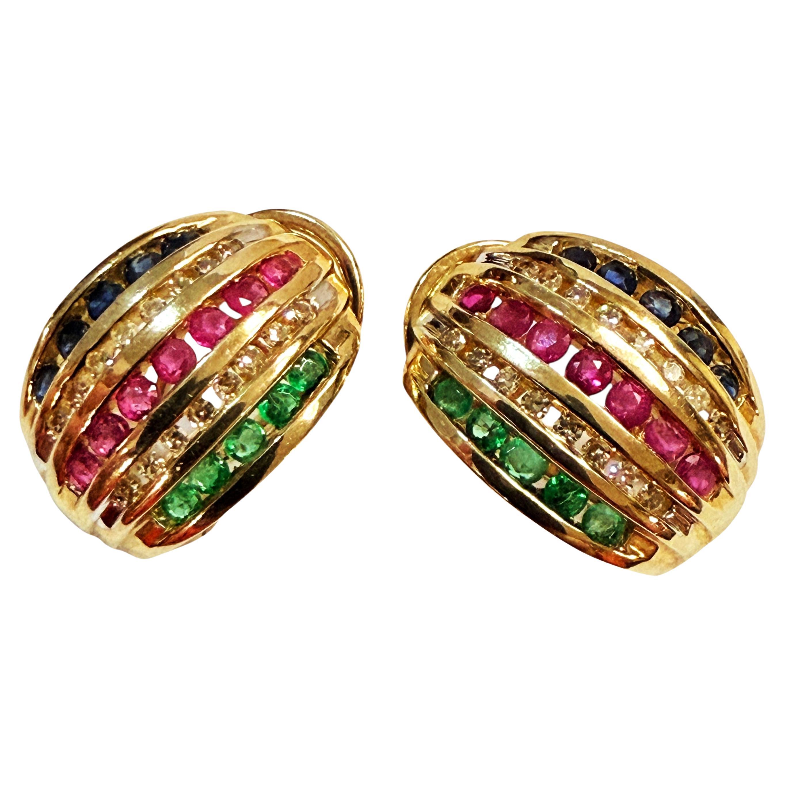 10k Yellow Gold 1.20 Carat Diamond, Emerald, Ruby,
Sapphire Omega Earrings