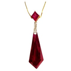 10k Yellow Gold 13.03 Carat Prism Square Cut Ruby & Diamond Necklace w 14k Chain