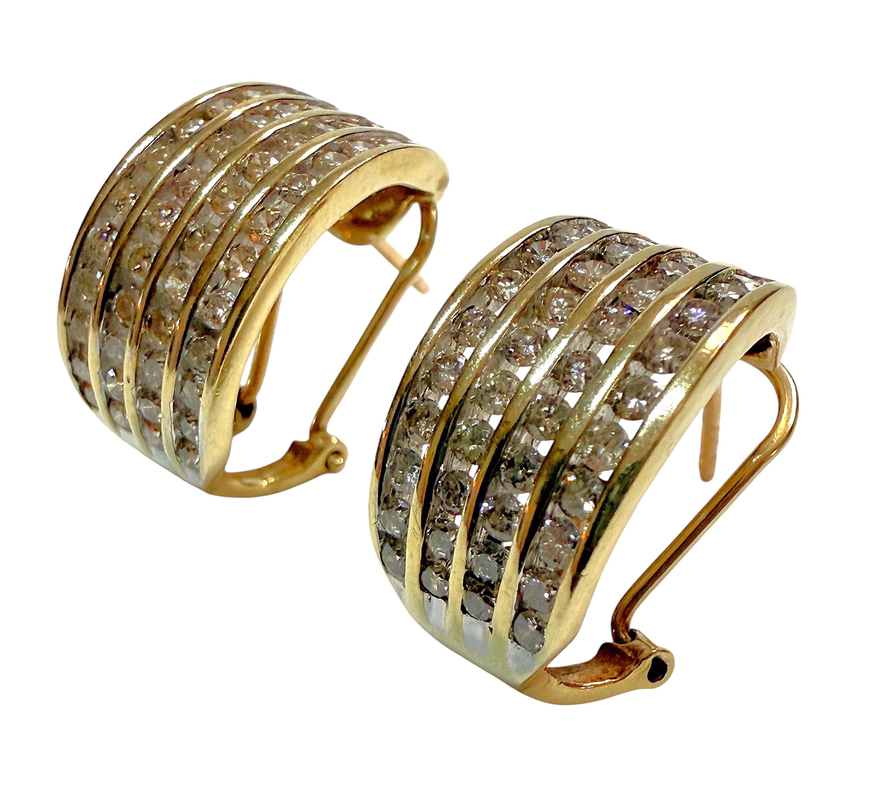 10k Yellow Gold 1.36 Carat ZEI 4 Row Half Hoop Diamond Omega Clip Earrings 4