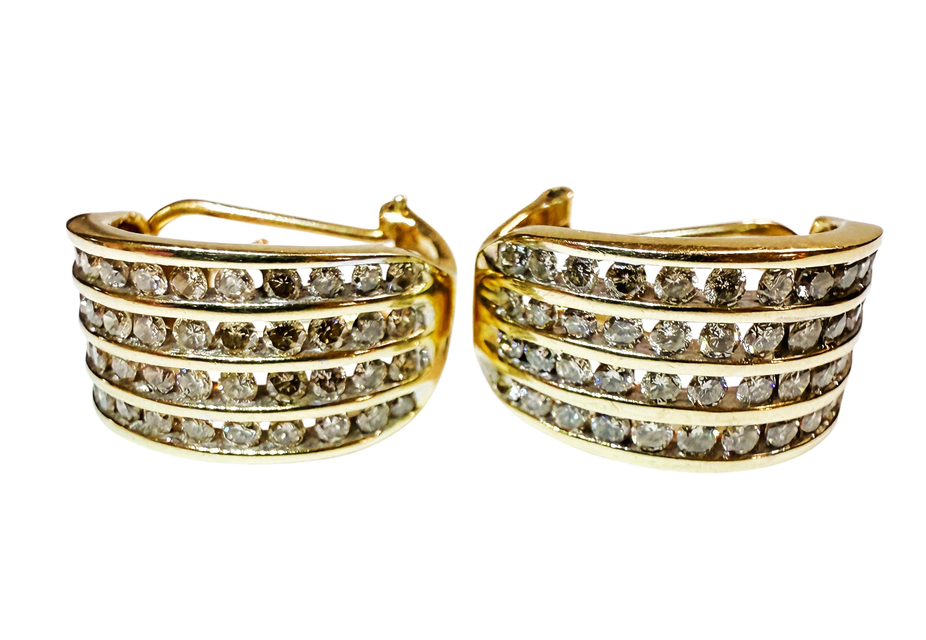 10k Yellow Gold 1.36 Carat ZEI 4 Row Half Hoop Diamond Omega Clip Earrings 6