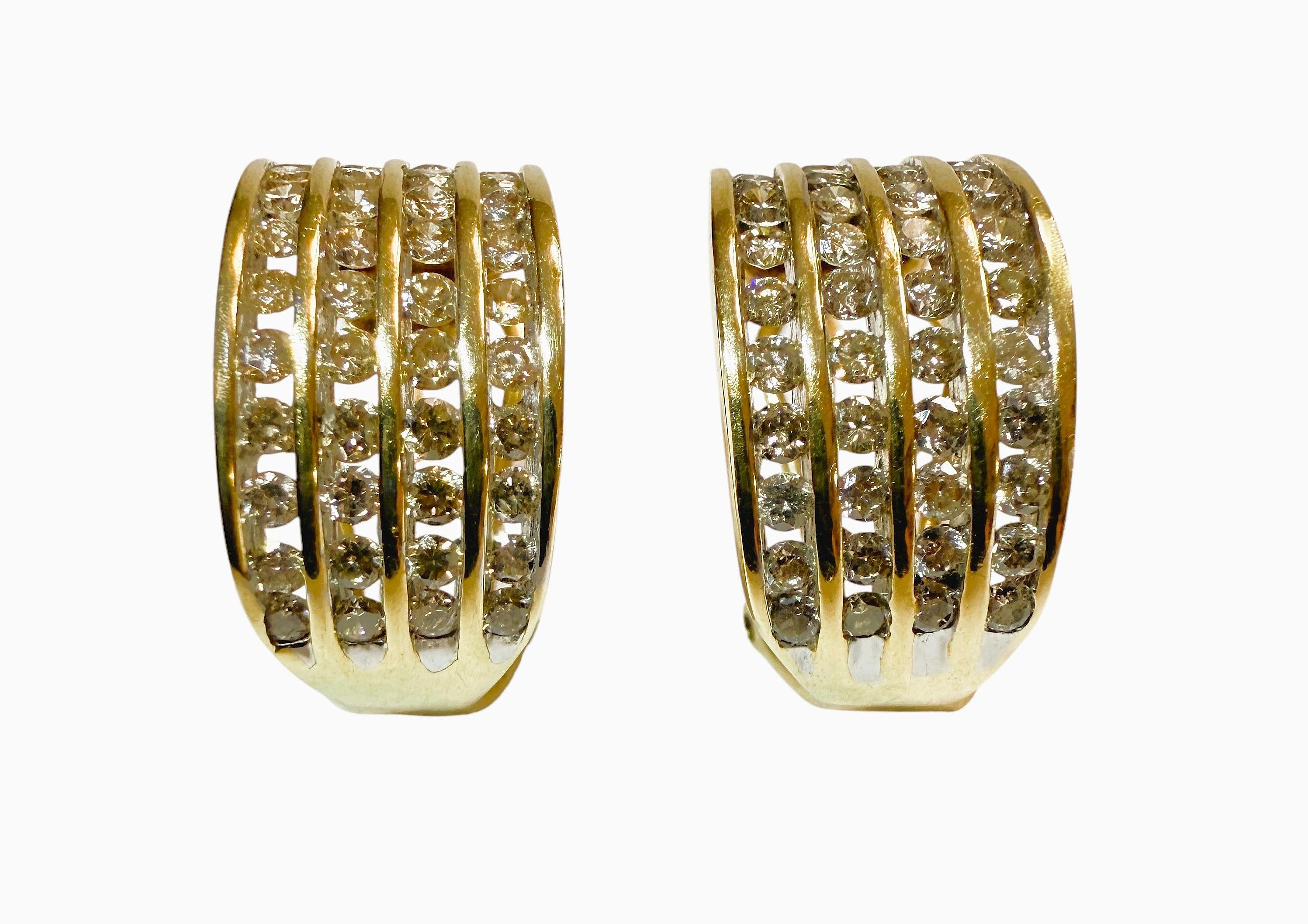 These earrings are just beautiful!  They are 10k yellow gold and each earrings has 40 brilliant cut diamond measuring 1.5 mm and the bottom 4 and top 4 diamonds are  1.25 mm totaling .68 carats on each earring.  The diamonds are channel set in 4