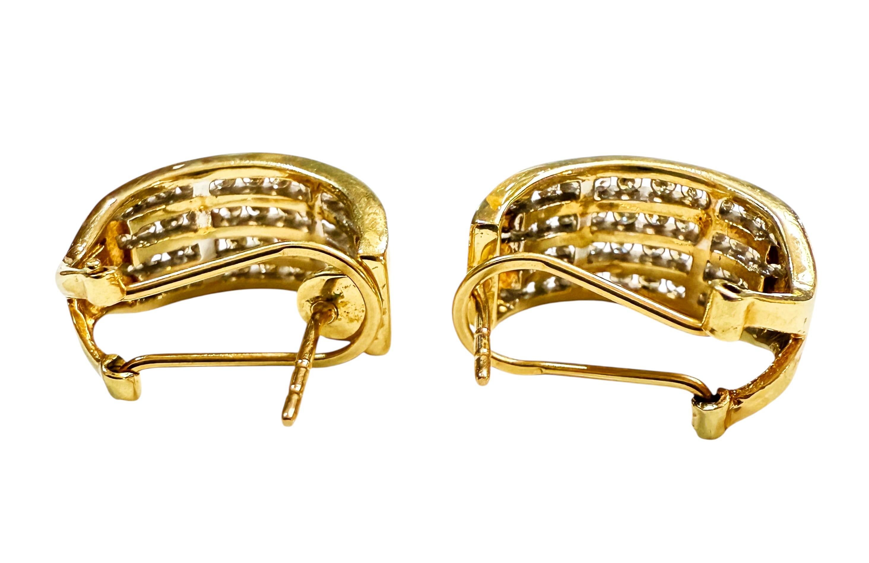 Art Deco 10k Yellow Gold 1.36 Carat ZEI 4 Row Half Hoop Diamond Omega Clip Earrings