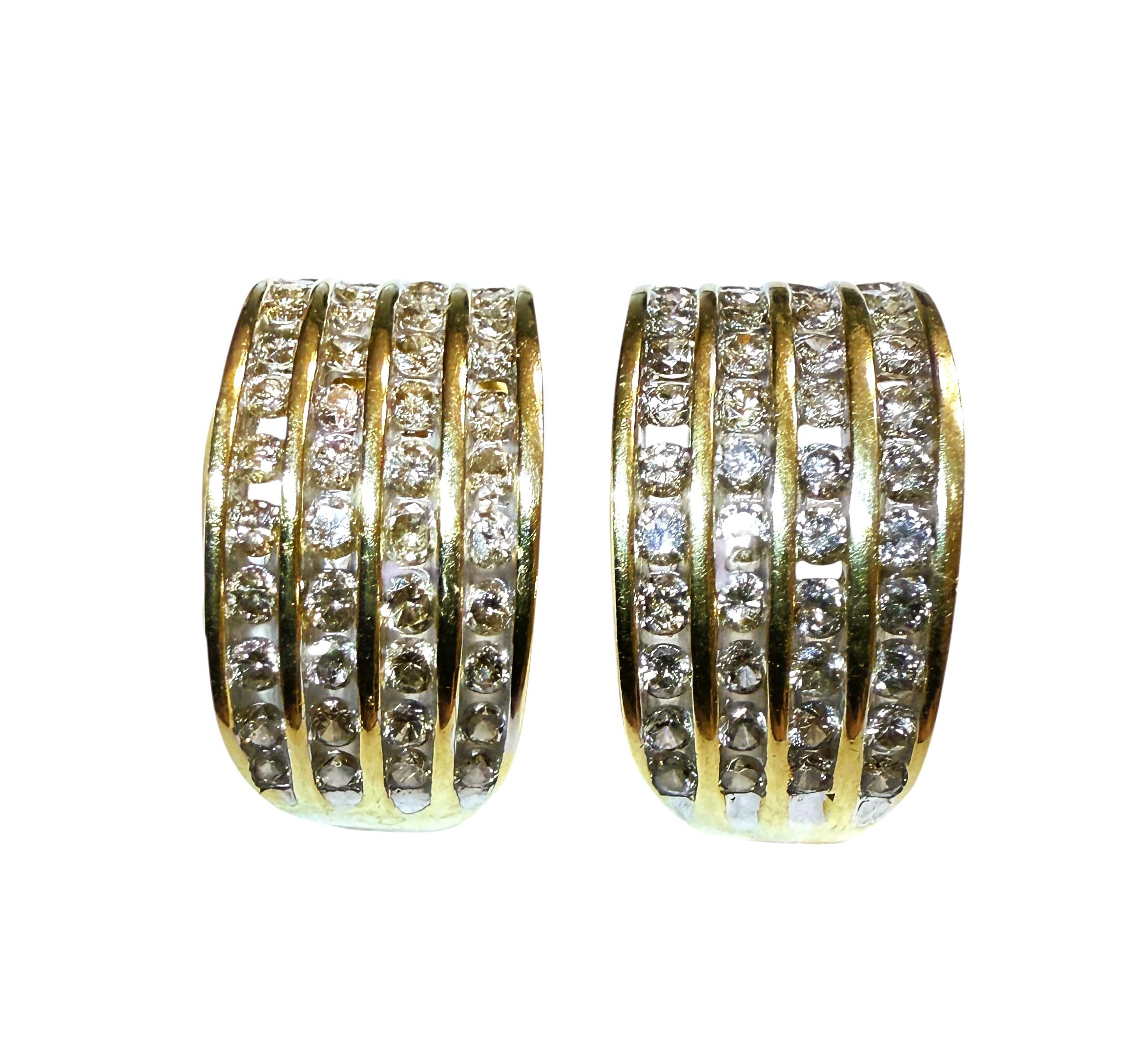 10k Yellow Gold 1.36 Carat ZEI 4 Row Half Hoop Diamond Omega Clip Earrings 1