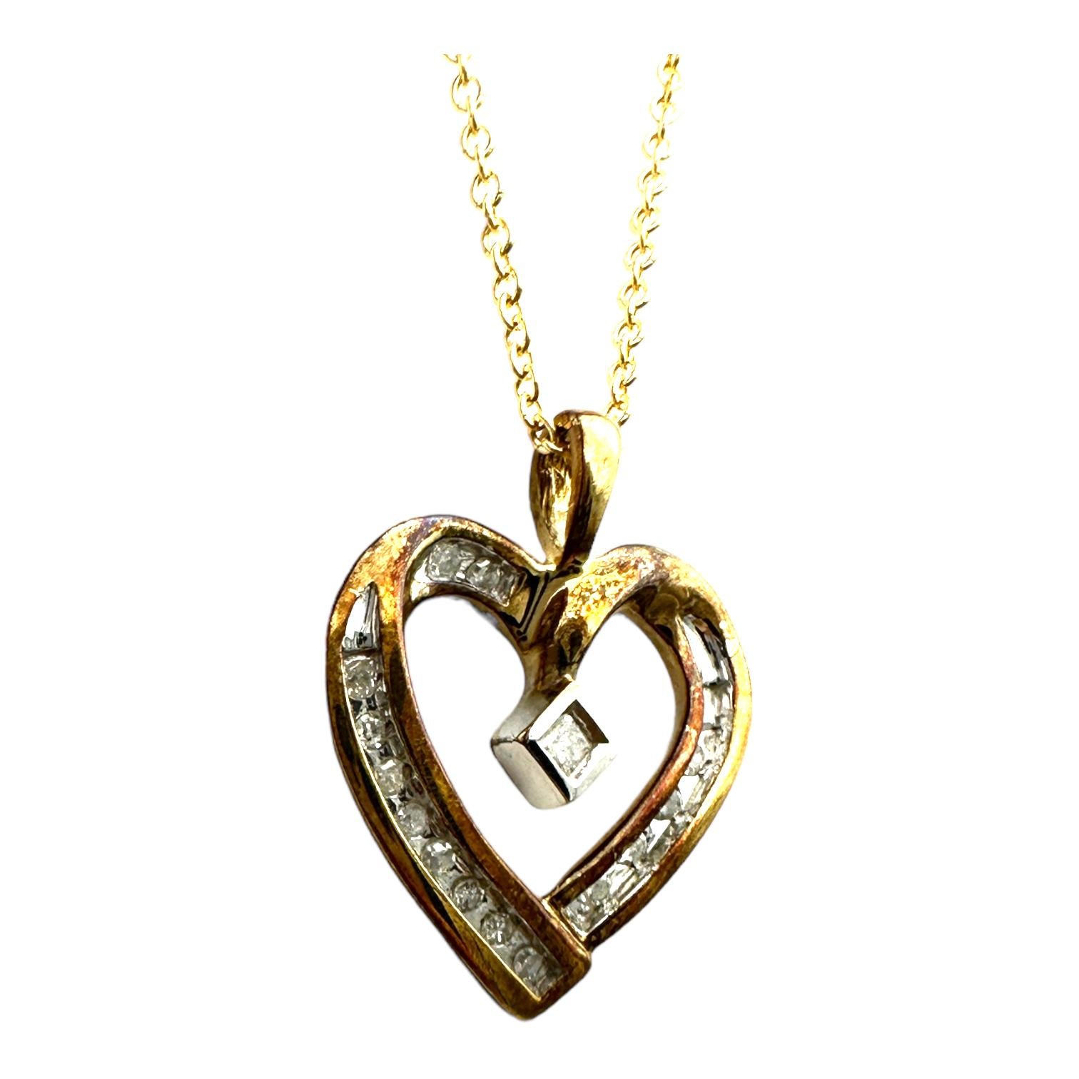 Round Cut 10K Yellow Gold .15 Carat Diamond Heart Pendant  For Sale