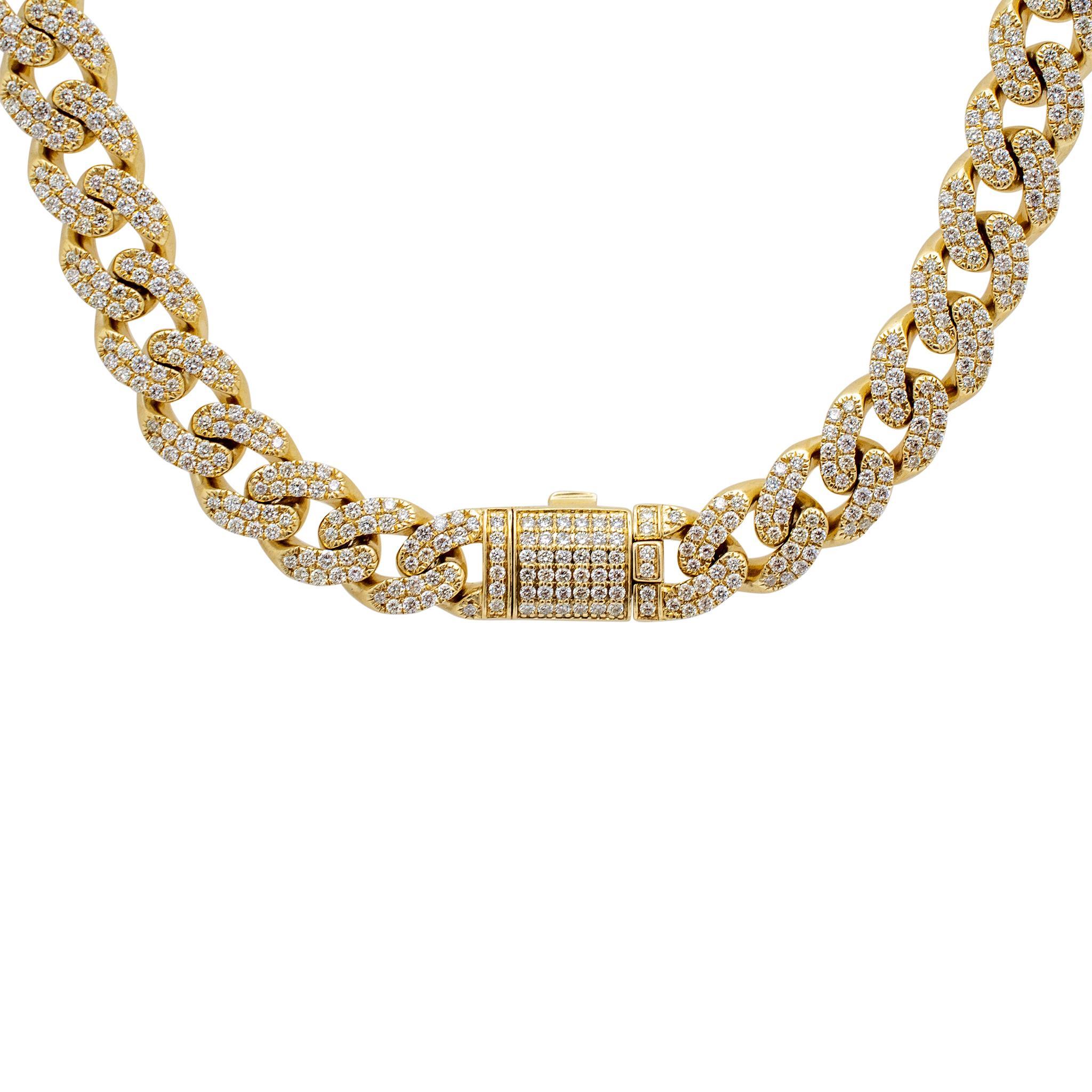 Round Cut 10K Yellow Gold 15.08ct Pave Diamond Cuban Link Chain Necklace For Sale
