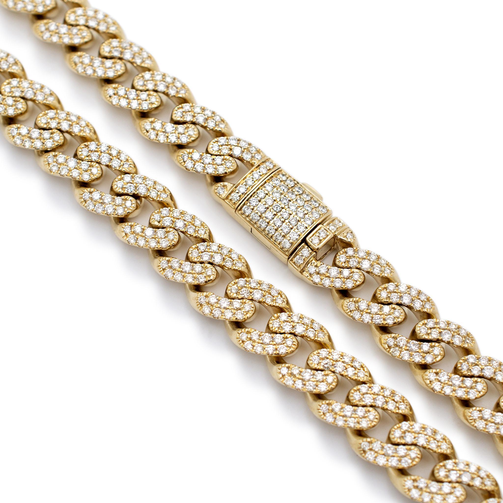 10K Yellow Gold 15.08ct Pave Diamond Cuban Link Chain Necklace In Excellent Condition For Sale In Houston, TX