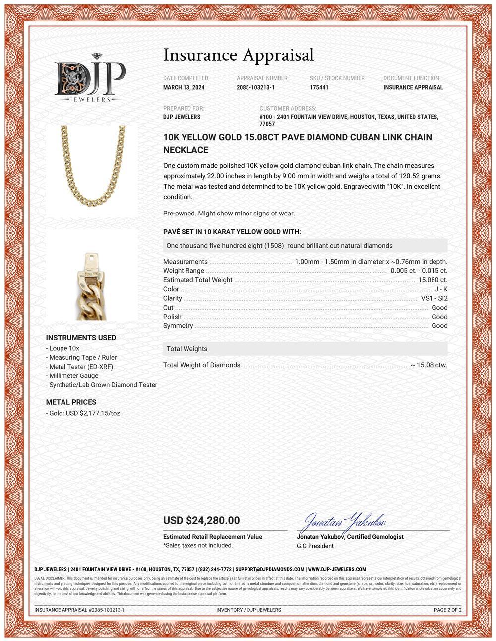 10K Gelbgold 15,08 Karat Pave Diamant Kubanische Gliederkette Halskette im Angebot 2