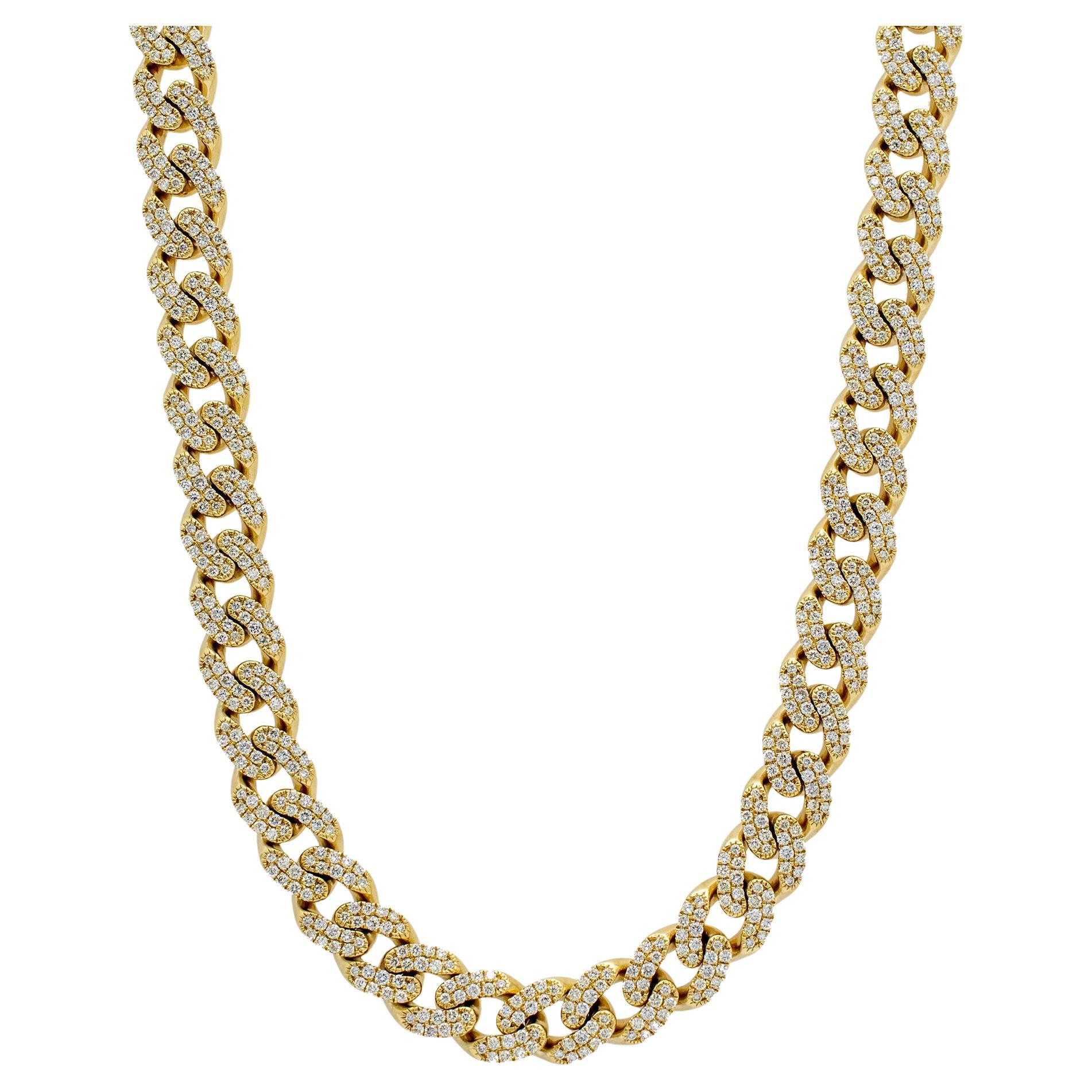 10K Yellow Gold 15.08ct Pave Diamond Cuban Link Chain Necklace For Sale