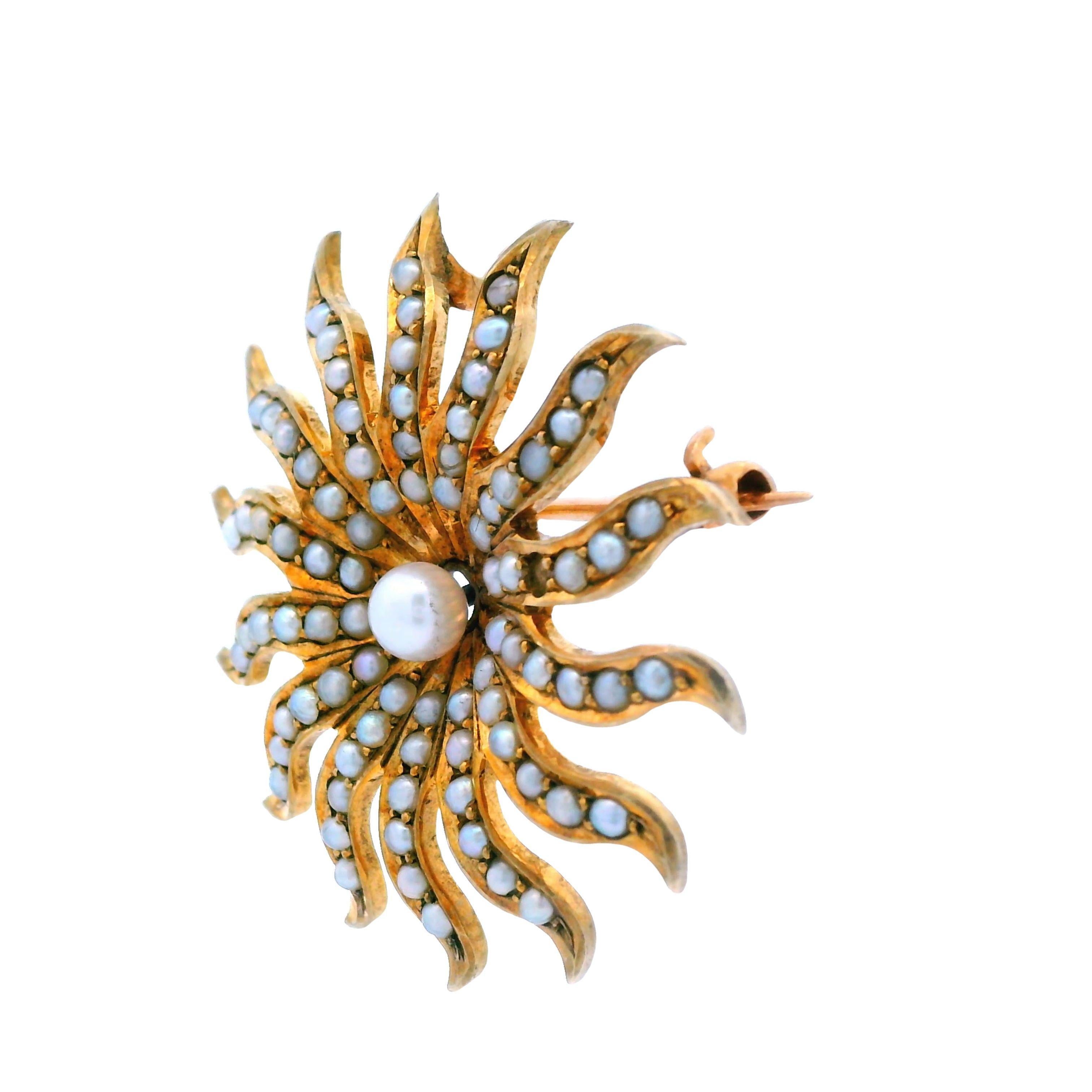 This pin comes from the 1890s Victorian era and is made in 10k yellow gold with pearl. Each ray from the sun burst contains approximately six individual pearls, creating exceptional details and sun-like effects when met with different types of