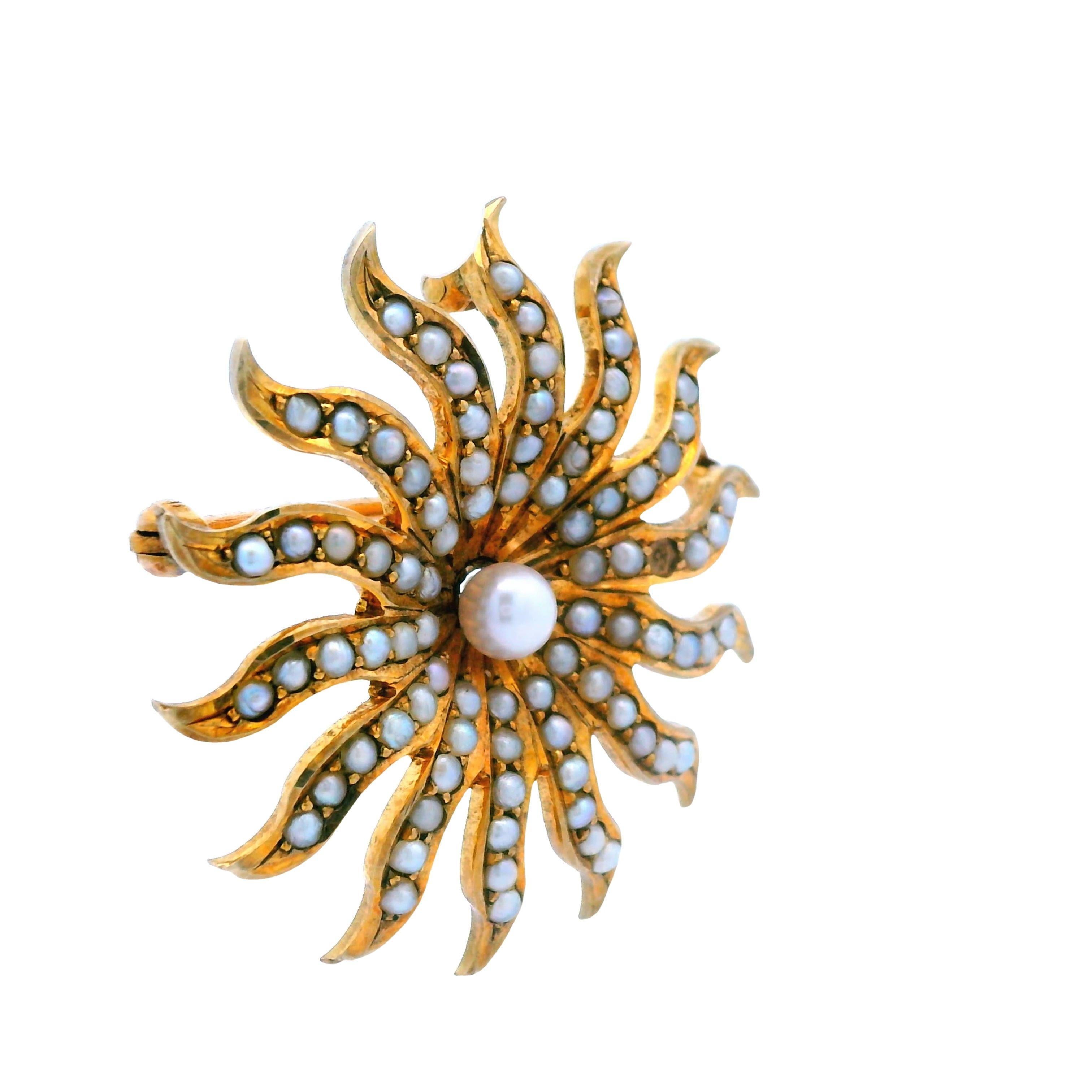 Women's 10k Yellow Gold 1890s Pearl Sun Burst Pin/Pendant For Sale