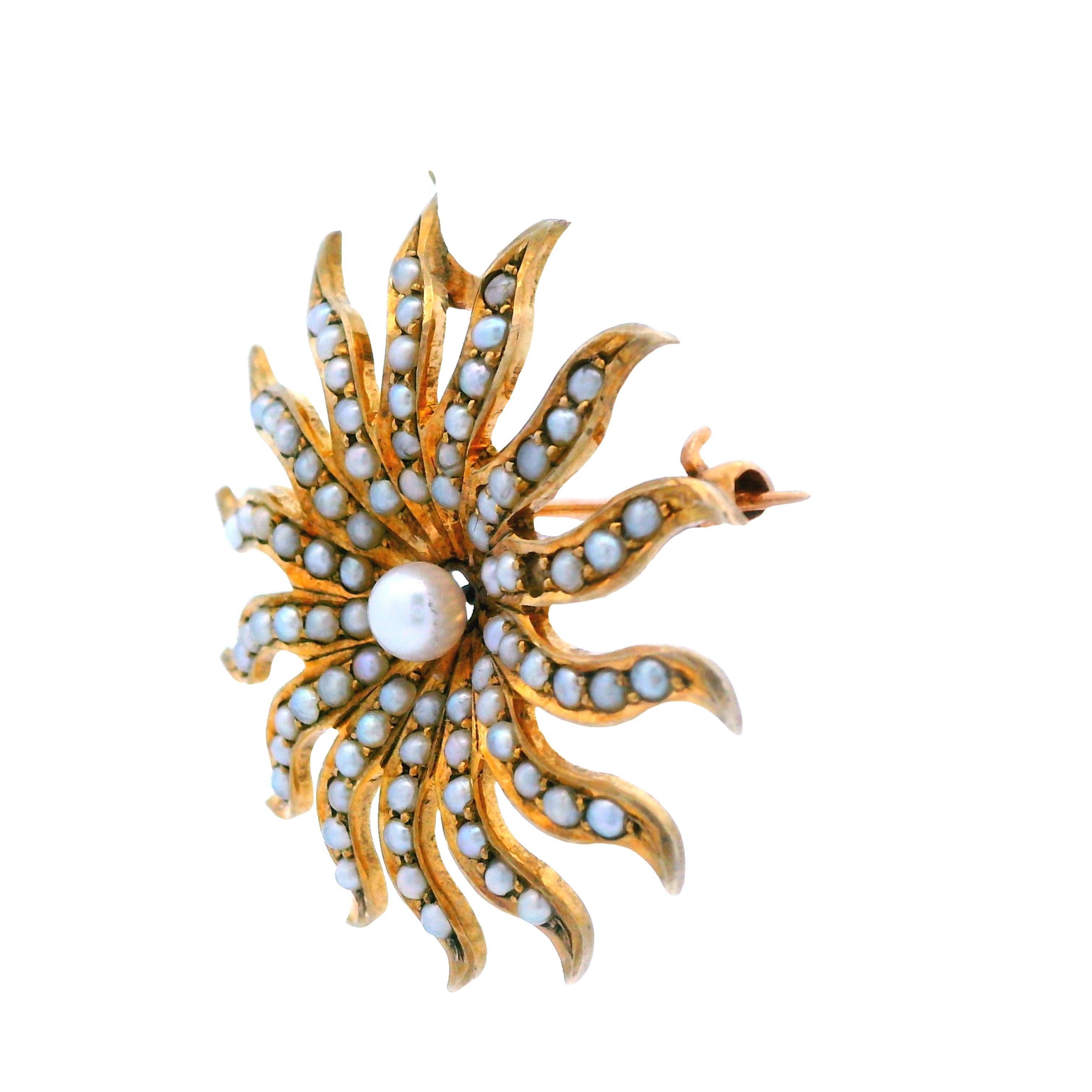 10k Yellow Gold 1890s Pearl Sun Burst Pin/Pendant For Sale 1