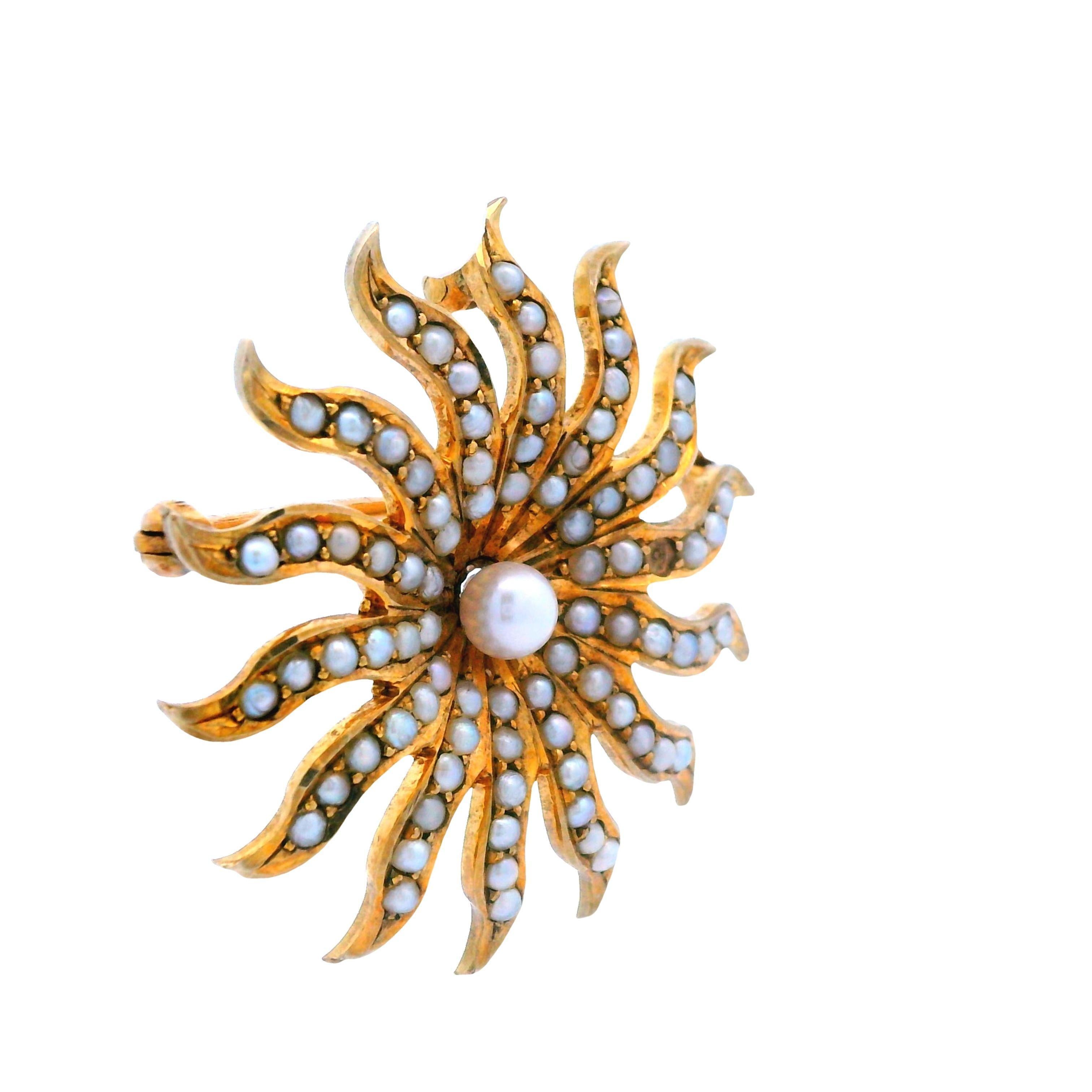 10k Yellow Gold 1890s Pearl Sun Burst Pin/Pendant For Sale 3