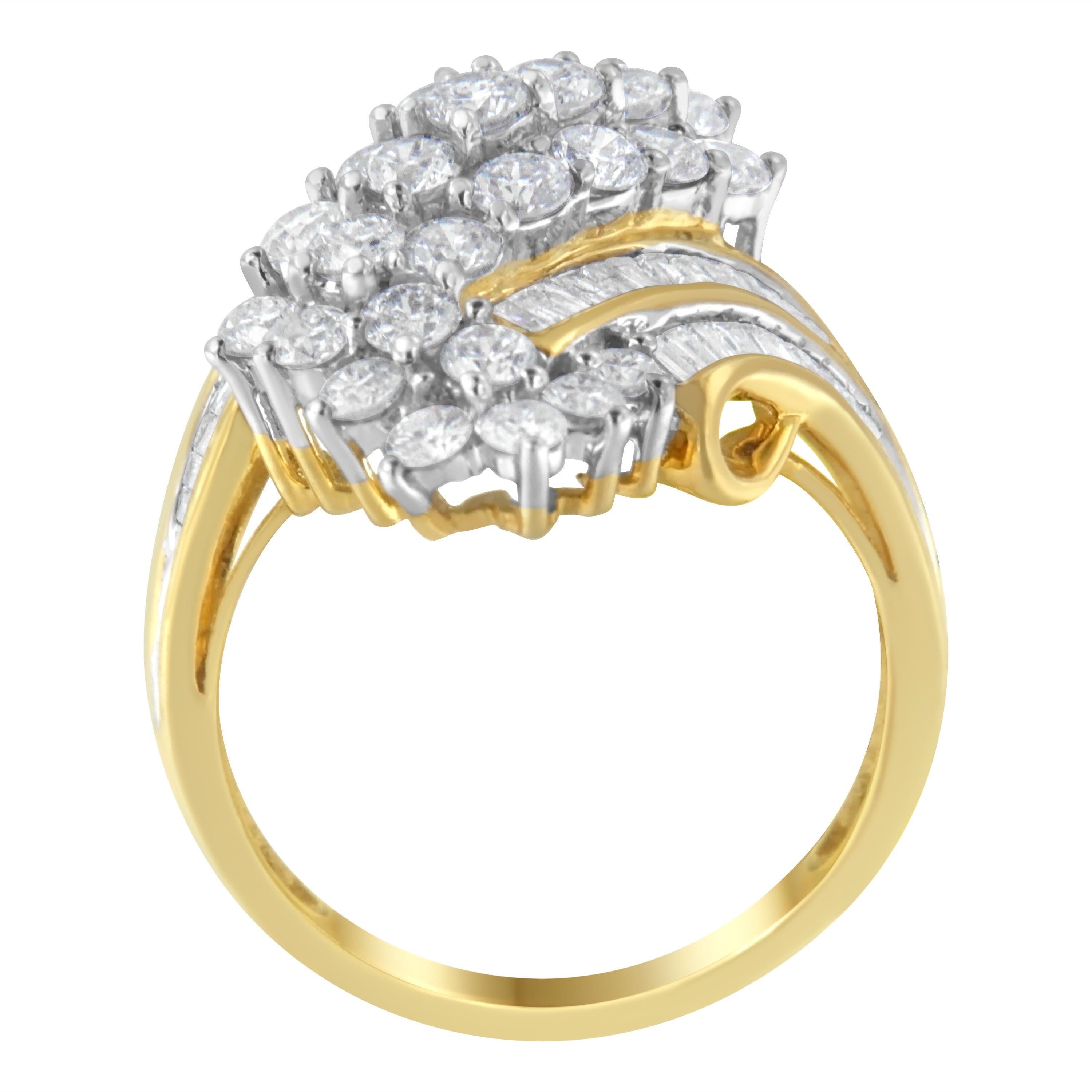 A diamond cluster ring that glistens with a striking 81 diamonds arranged in a retro style. The mix of round brilliant cut and baguette diamonds adds a geometric contrast to the design, while the 10 karat yellow gold band adds a warming touch. The