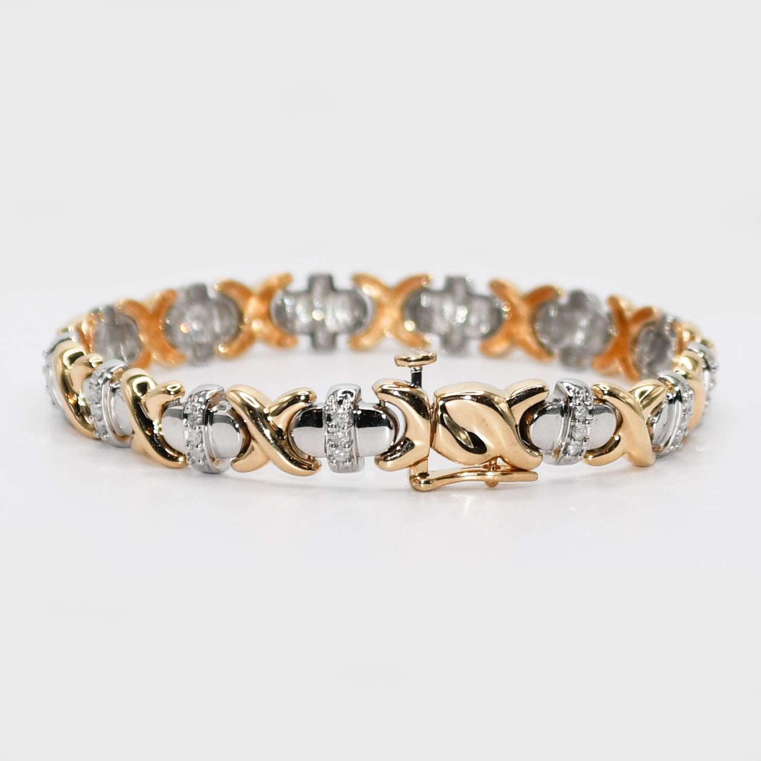 10K Yellow Gold 2 Tone Diamond Bracelet, 1.00tdw., 18.4g In Excellent Condition For Sale In Laguna Beach, CA