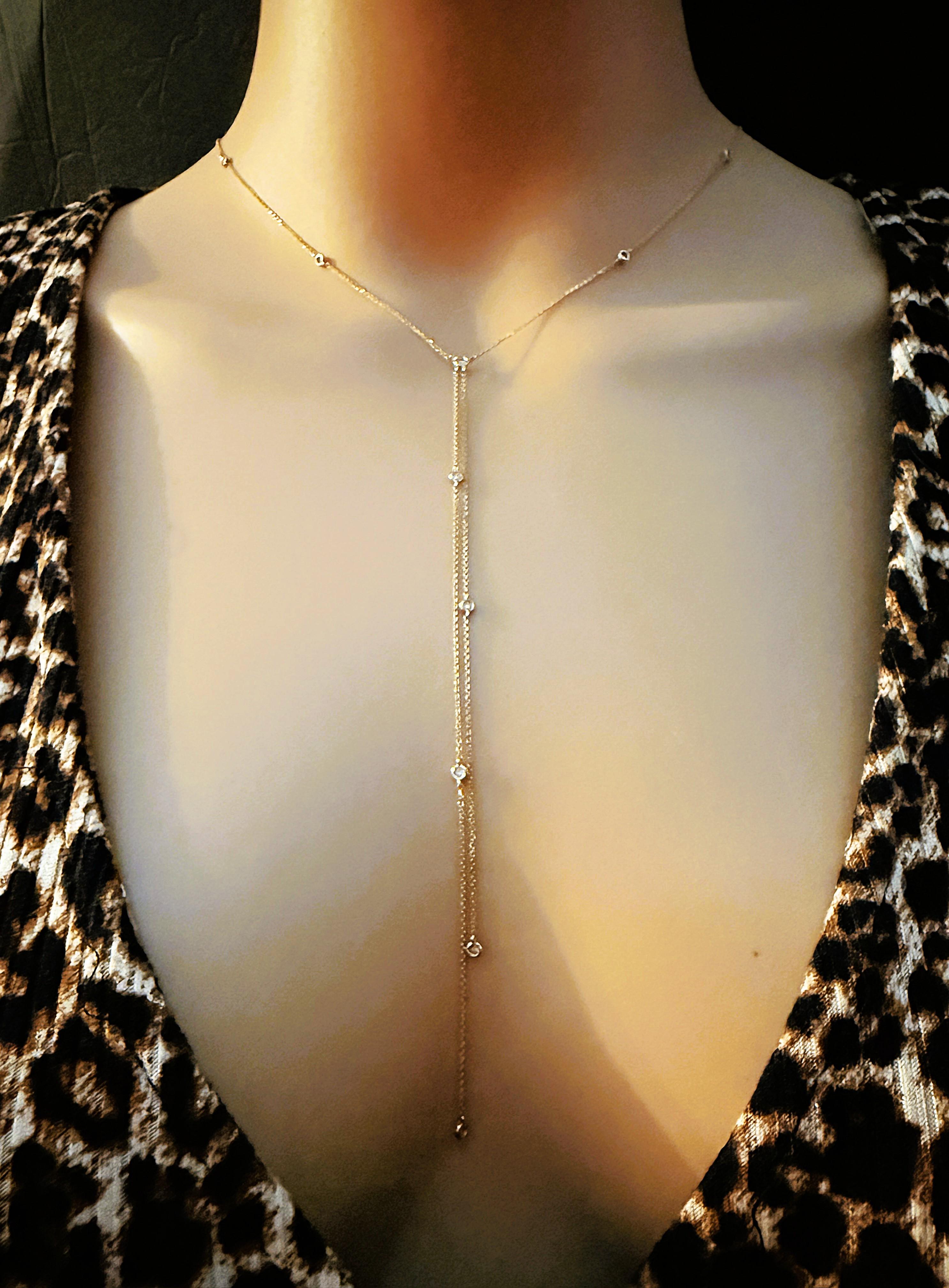Art déco Collier en or jaune 10k, diamant taille brillant Saturn Y Split Drop Necklace en vente