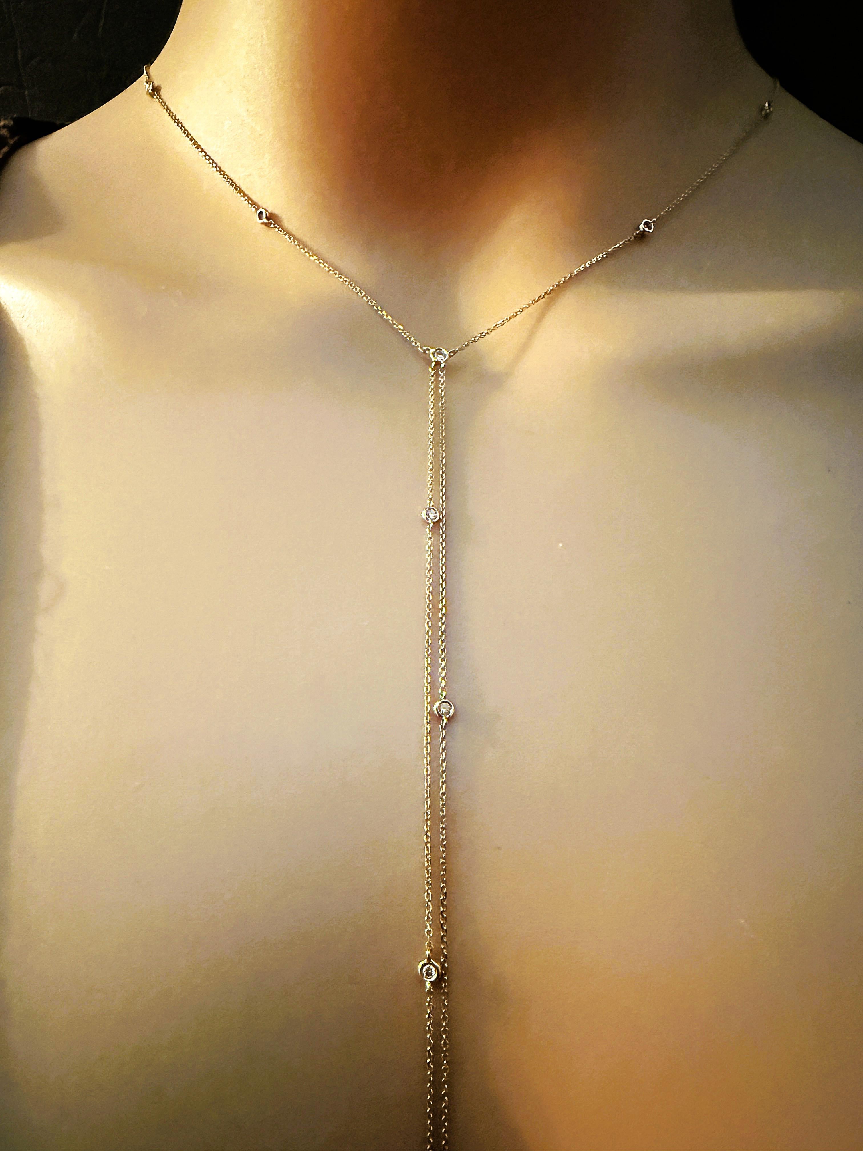 Collier en or jaune 10k, diamant taille brillant Saturn Y Split Drop Necklace Excellent état - En vente à Eagan, MN