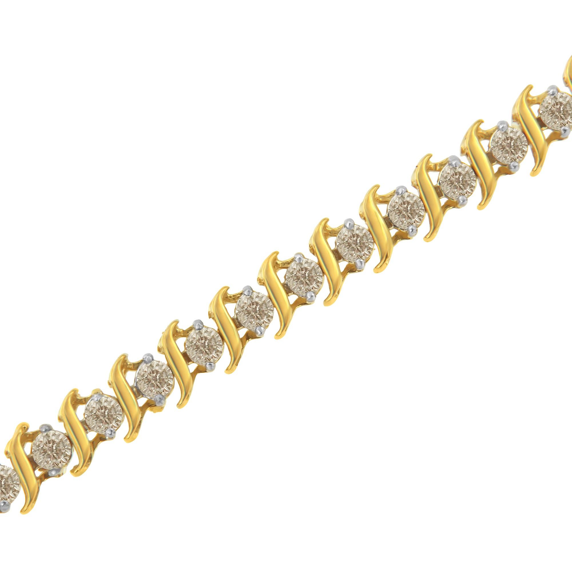 Elegant and timeless, this luxe tennis bracelet boasts an impressive 2.0 carat total weight of round cut diamonds. It features S shaped waves of 10K yellow gold alternated with round diamonds in two prong settings. The bracelet has a secure box with