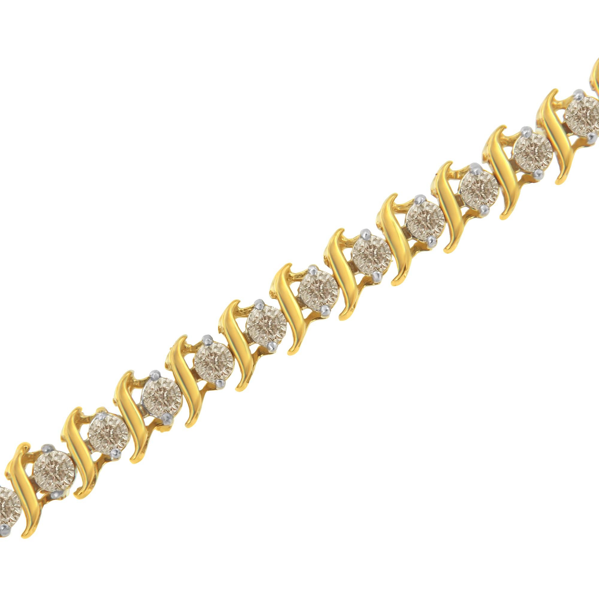 Dieses elegante und zeitlose Luxus-Tennisarmband besticht durch ein Gesamtgewicht von 2,0 Karat an Diamanten im Rundschliff. Er besteht aus S-förmigen Wellen aus 10K Gelbgold, die sich mit runden Diamanten in zwei Zackenfassungen abwechseln. Das