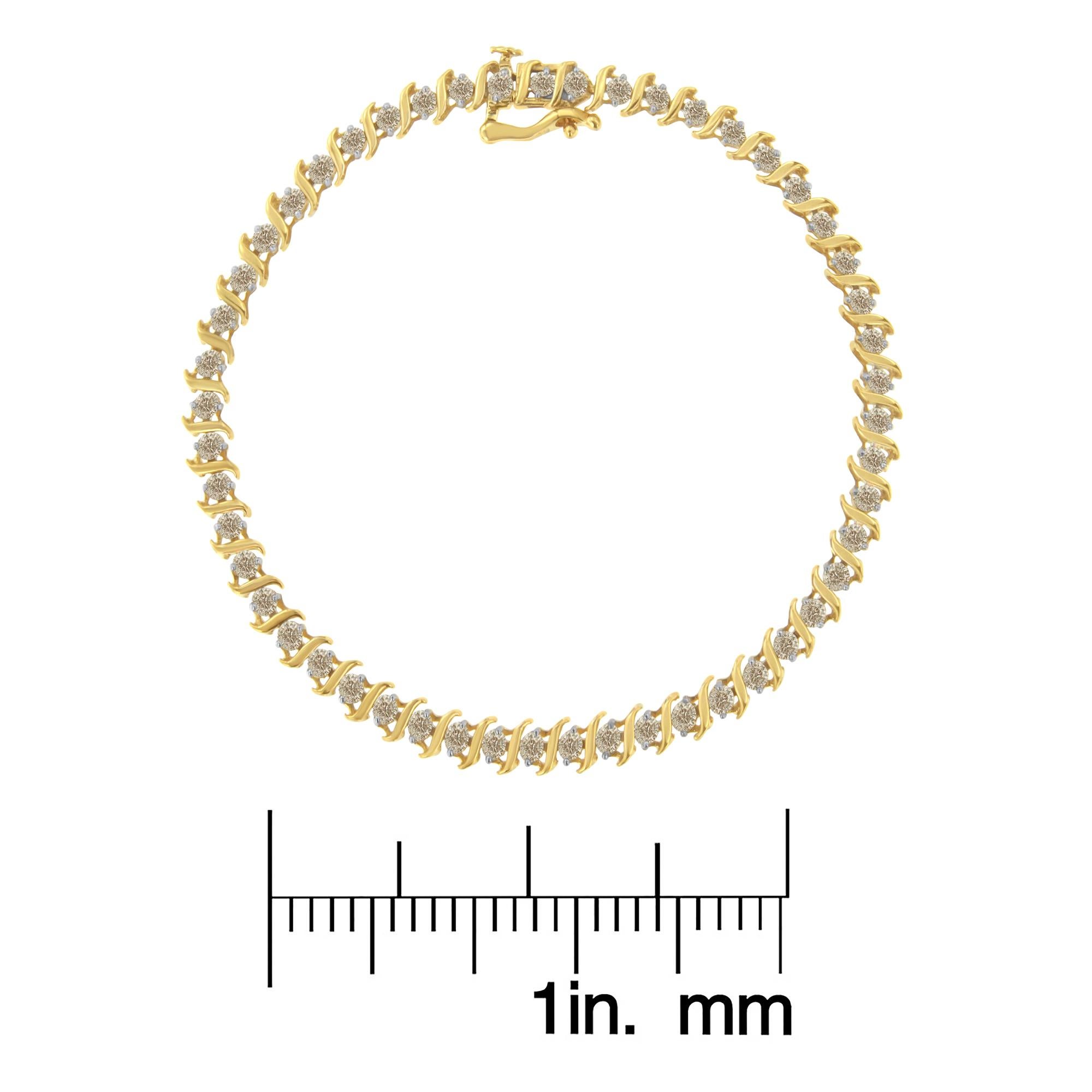 10K Yellow Gold 2.0 Carat Diamond Alternating Wave & Round Link Tennis Bracelet In New Condition For Sale In New York, NY