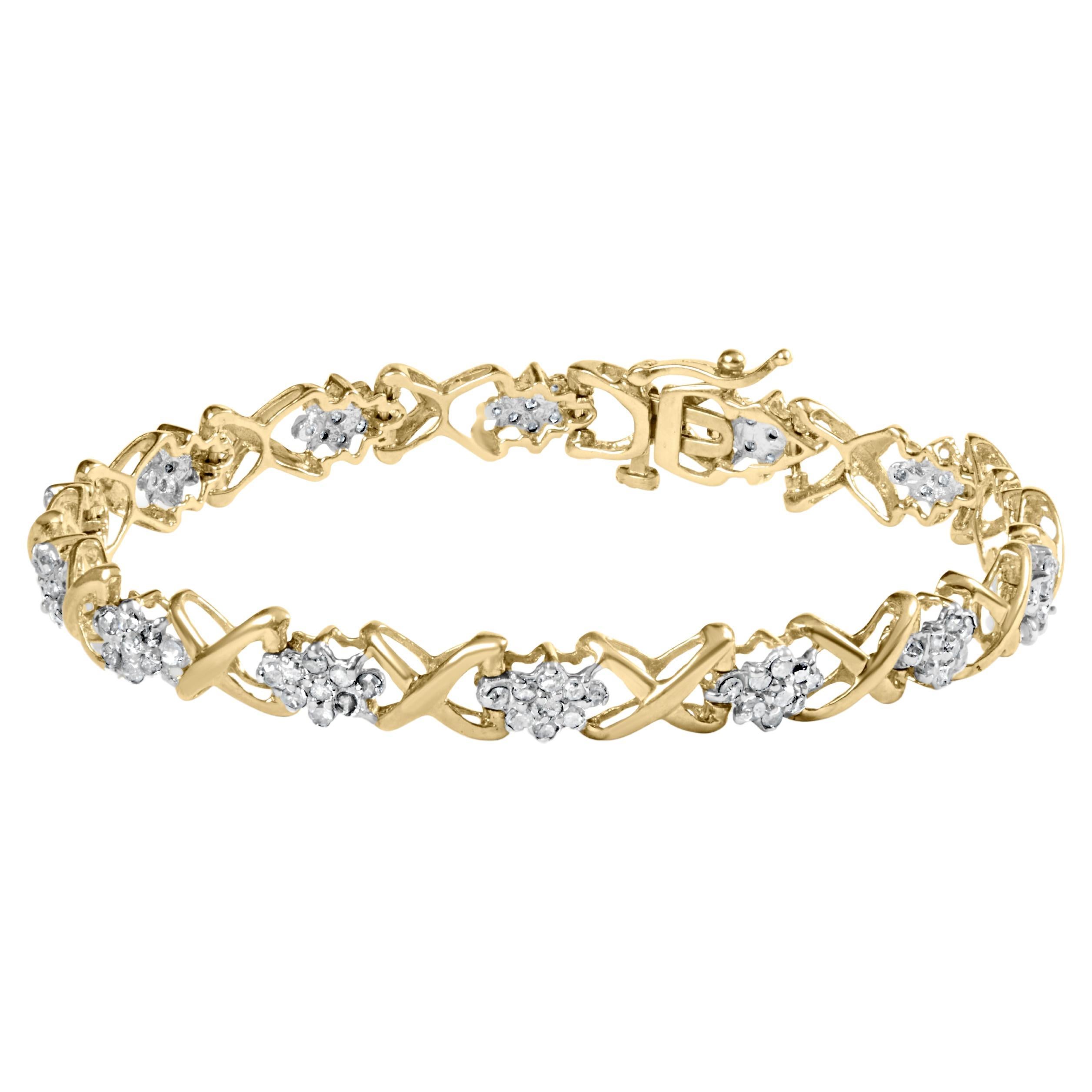 10K Yellow Gold 2.0 Carat Diamond Cluster and Alternating "X" Link Bracelet For Sale