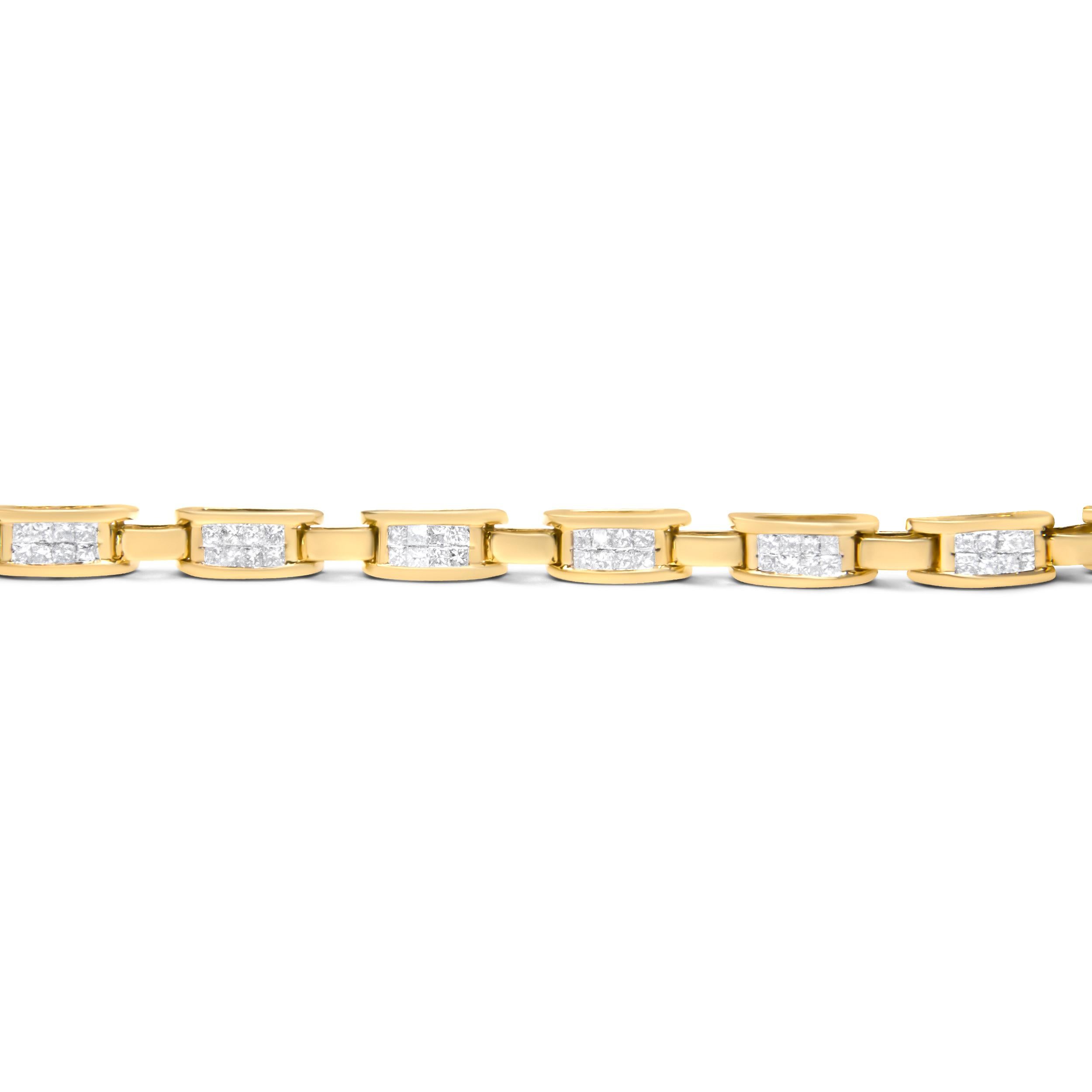10K Yellow Gold 2.0 Carat Princess Cut Diamond Rectangular Link Bracelet In Fair Condition For Sale In New York, NY