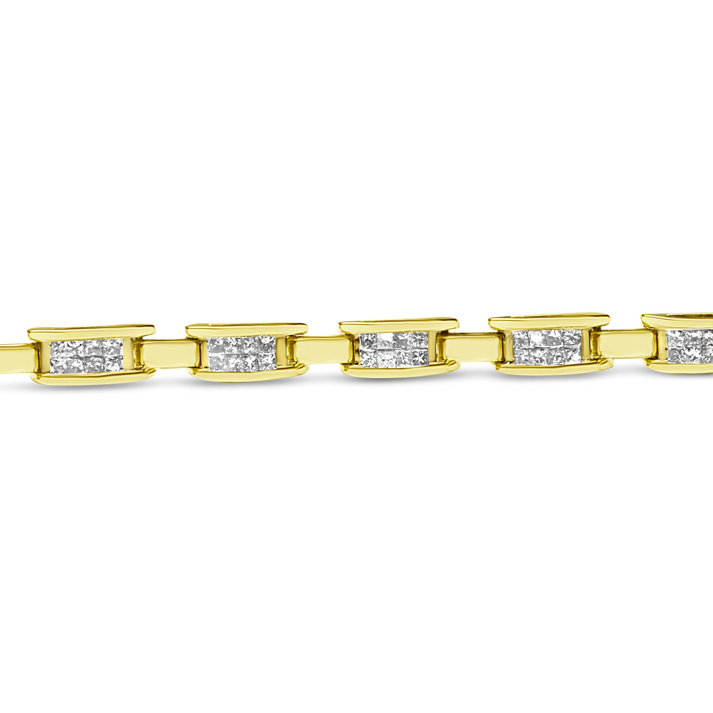 Women's 10K Yellow Gold 2.0 Carat Princess Cut Diamond Rectangular Link Bracelet For Sale
