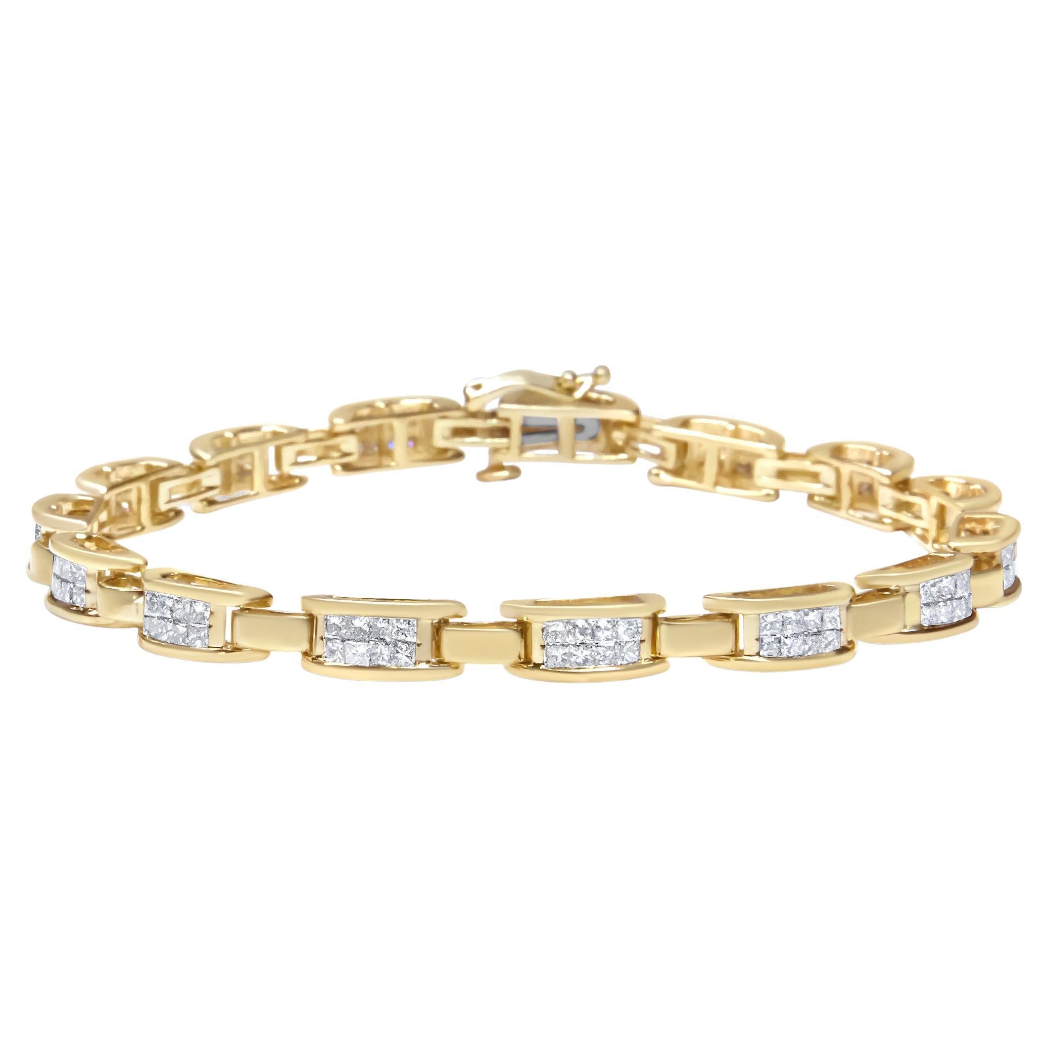 10K Yellow Gold 2.0 Carat Princess Cut Diamond Rectangular Link Bracelet For Sale