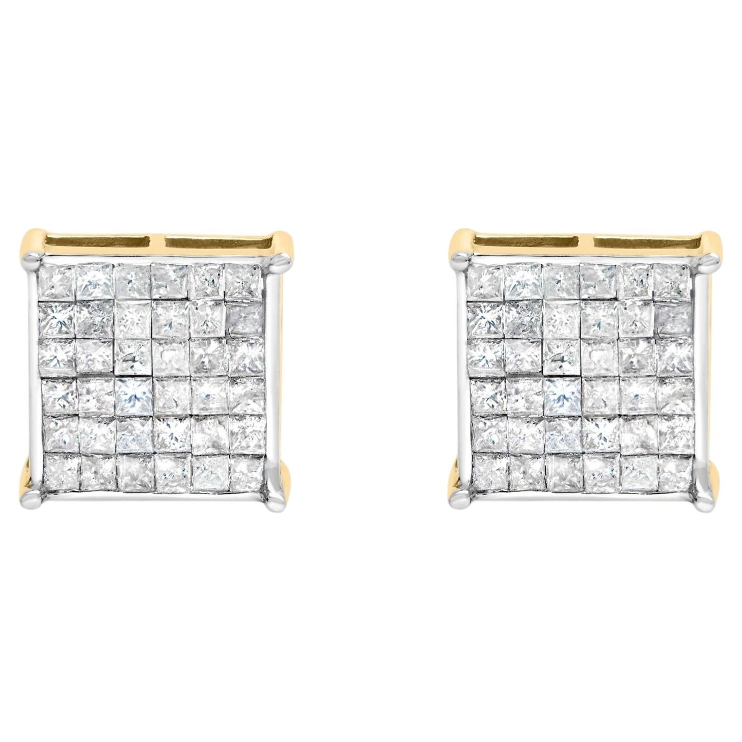 10K Yellow Gold 2.0 Cttw Invisible-Set Princess-Cut Diamond Stud Earrings