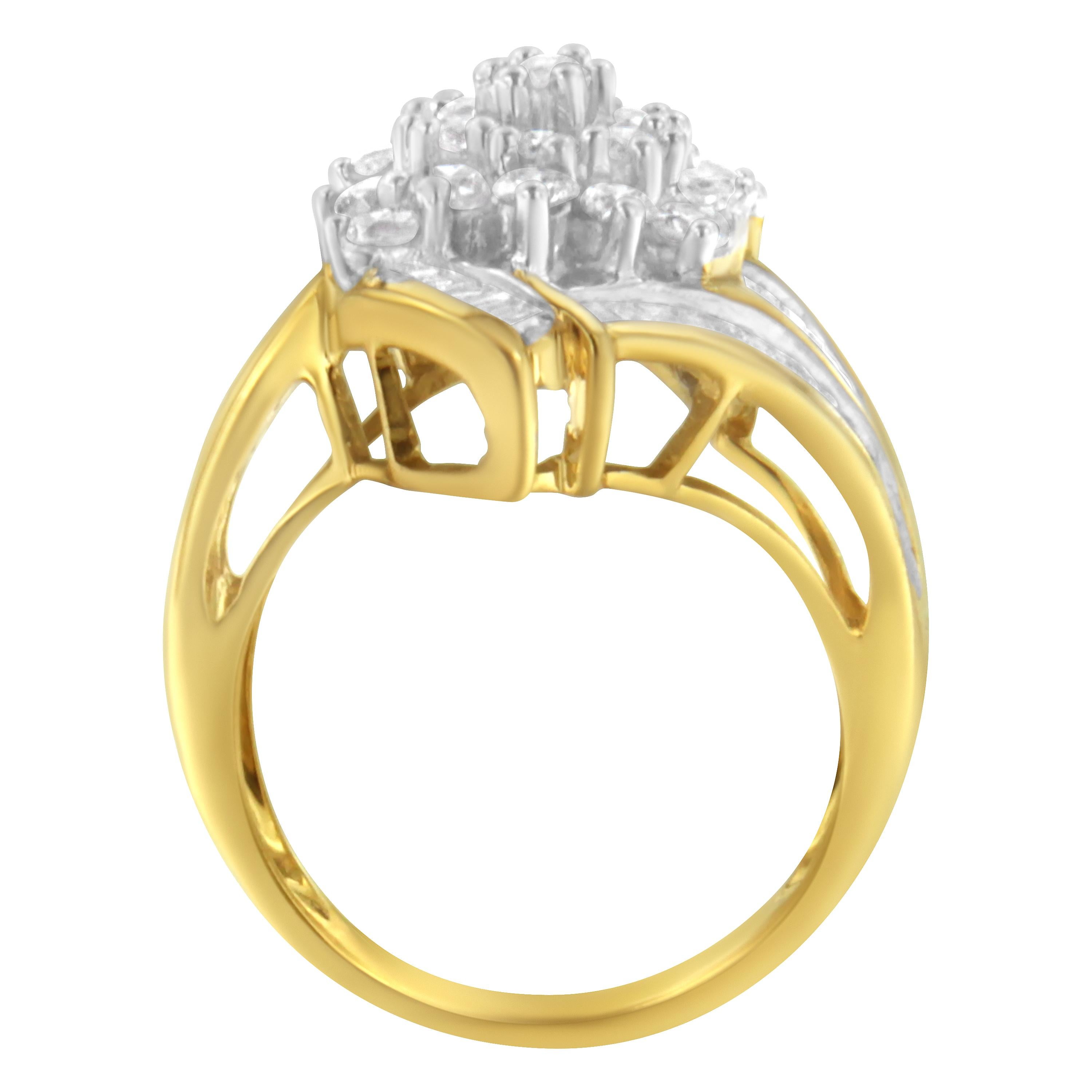 Round Cut 10K Yellow Gold 2.00 Carat Round and Baguette Diamond Swirl Ring For Sale