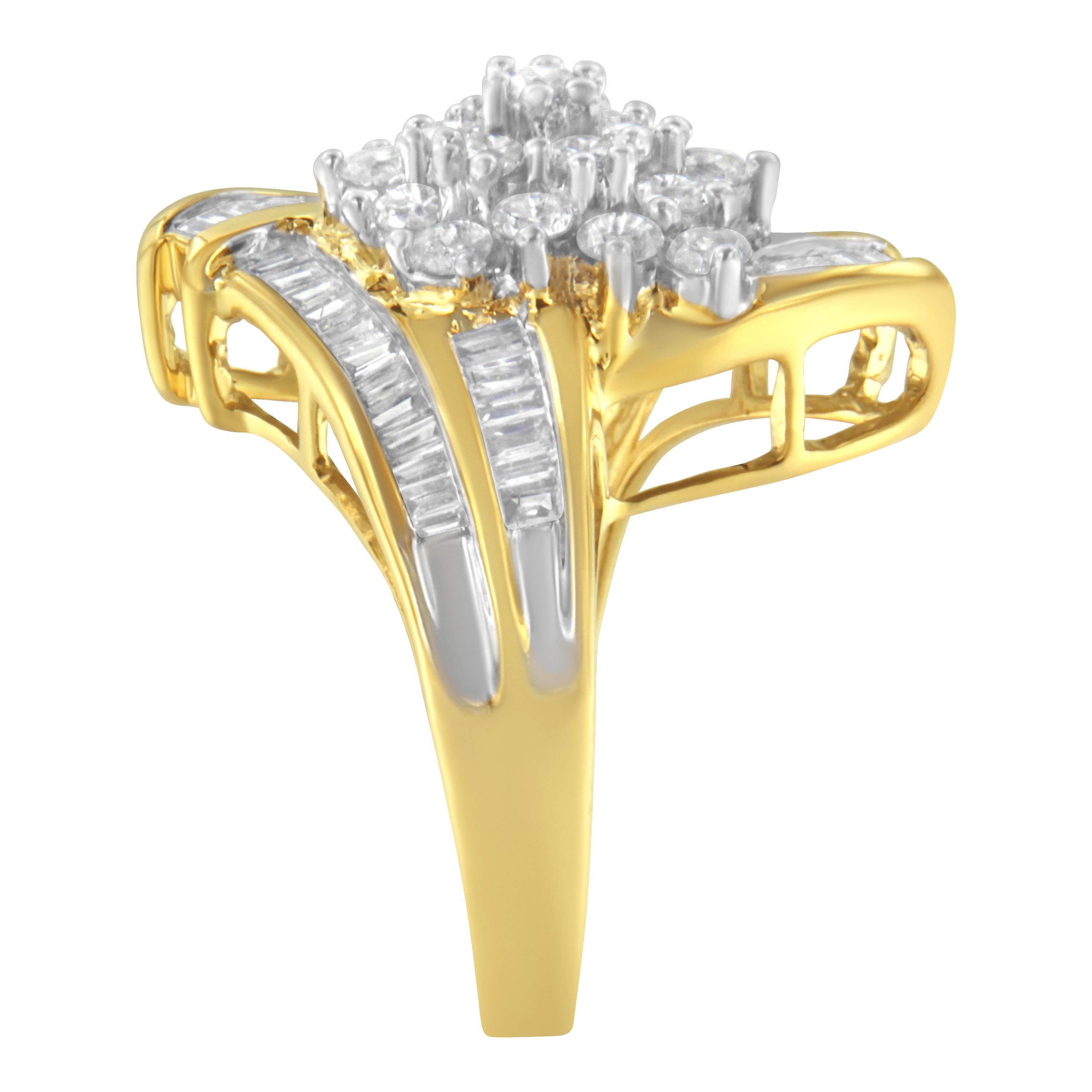 10K Yellow Gold 2.00 Carat Round and Baguette Diamond Swirl Ring In New Condition For Sale In New York, NY
