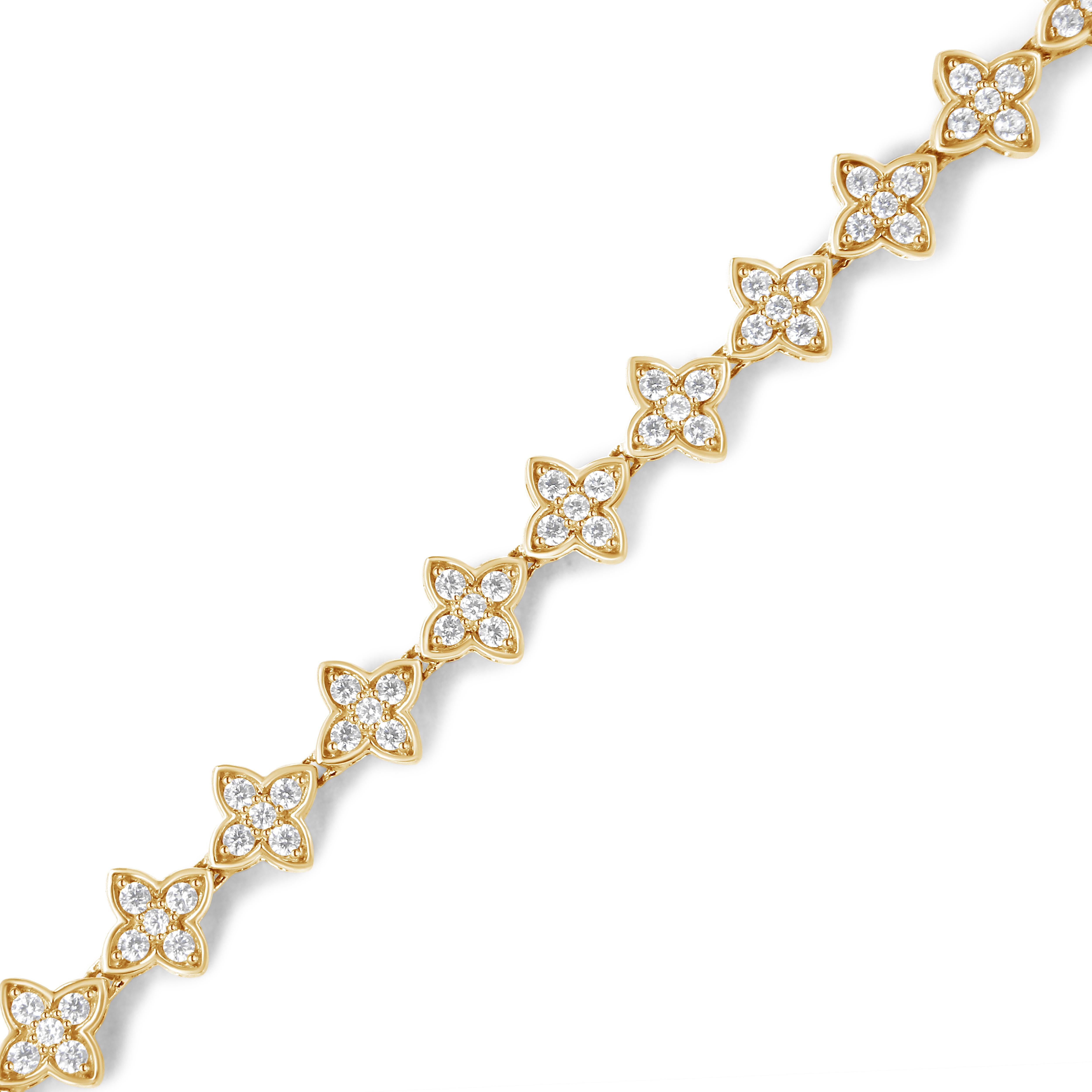 You will love this nature inspired link bracelet. Each flower link is inlaid with 5 glimmering round cut diamonds. This bracelet holds 2ct TDW of diamonds and is crafted in 10k yellow gold. A box with clasp mechanism keeps the bracelet secure and