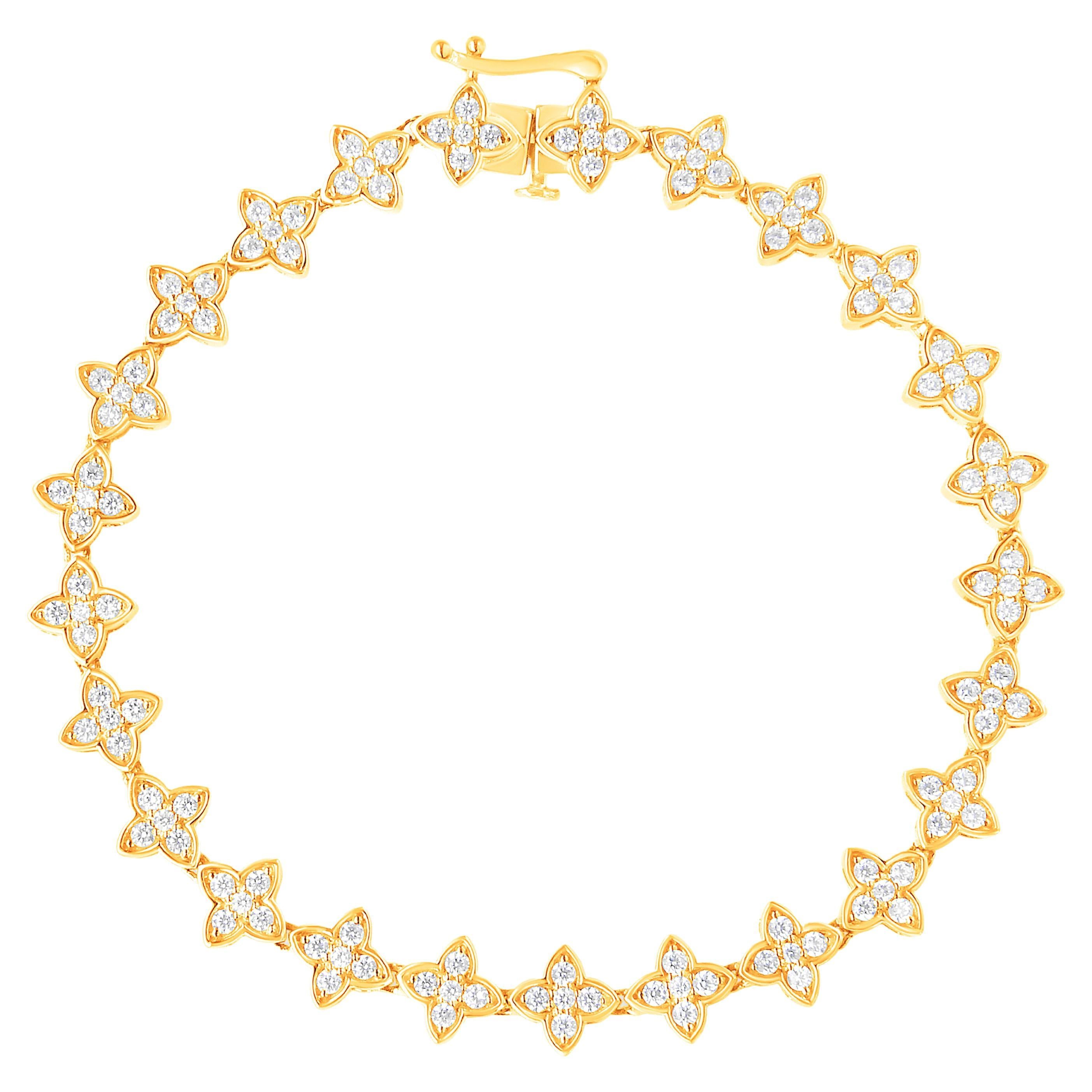 10K Yellow Gold 2.00 Carat Round-Cut Diamond 4 Leaf Clover Link Bracelet For Sale