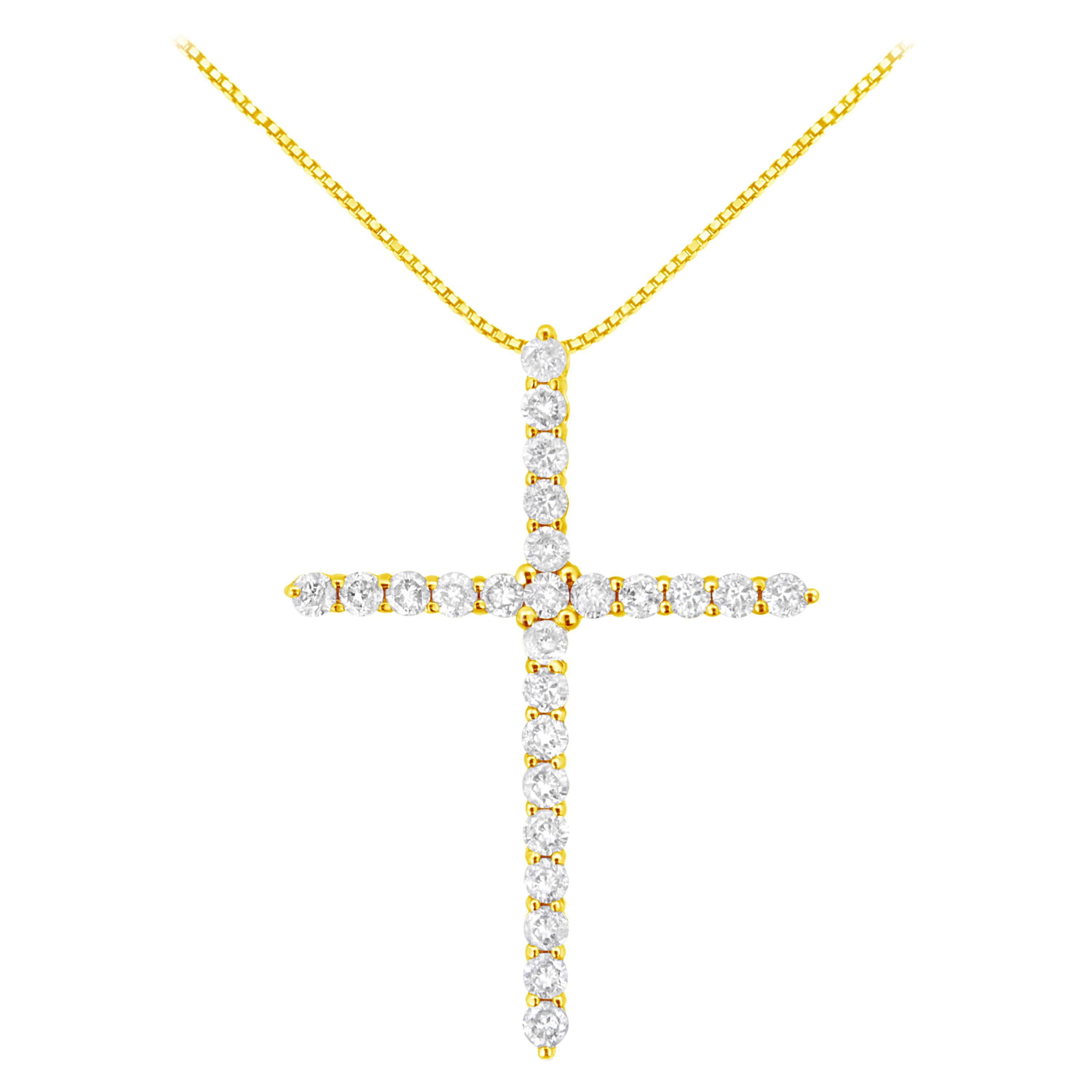10K Yellow Gold 7/8 Carat Round Diamond Zigzag Pattern Cross Pendant
