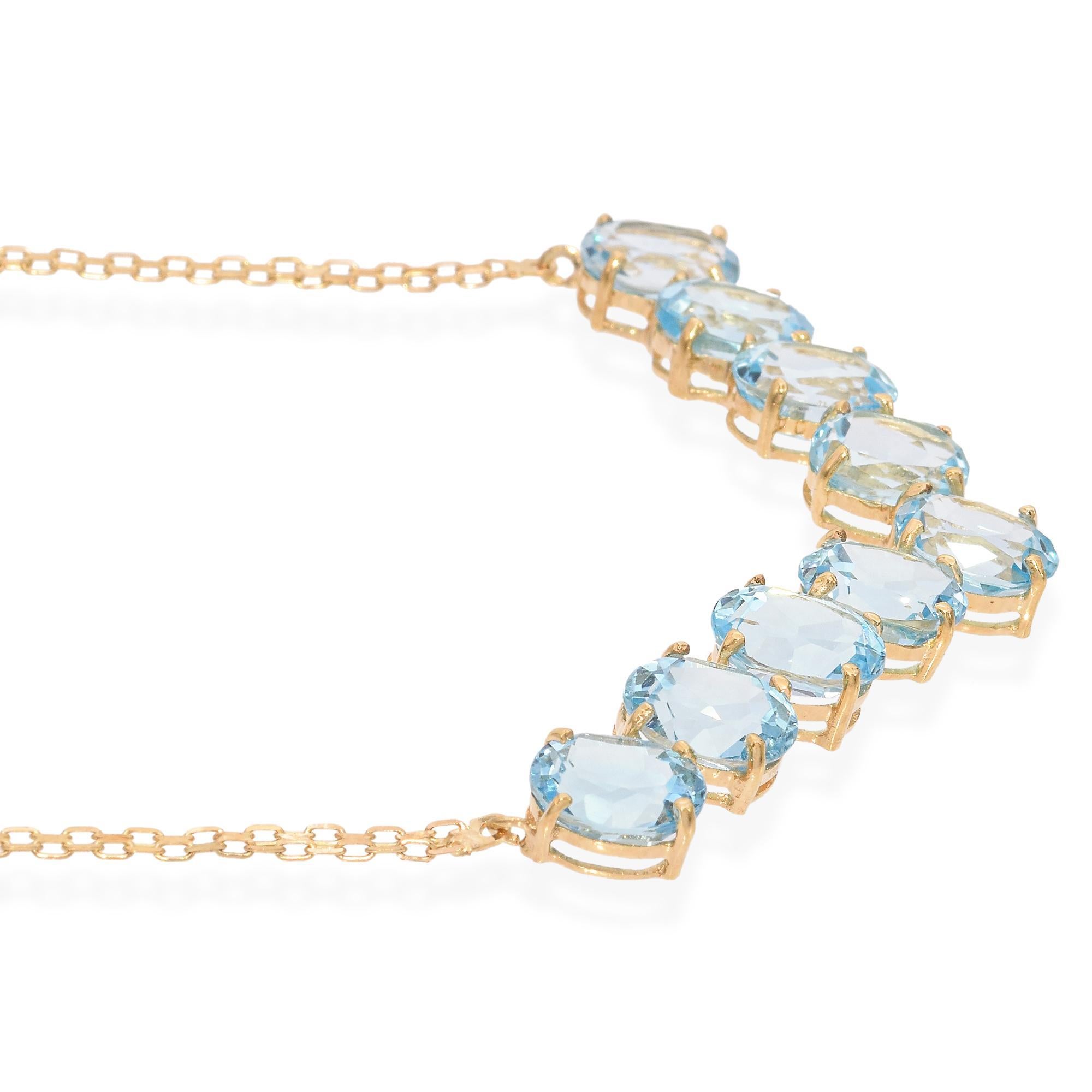 Oval Cut 10K Yellow Gold 21.42 TCW Blue Topaz Necklace For Sale