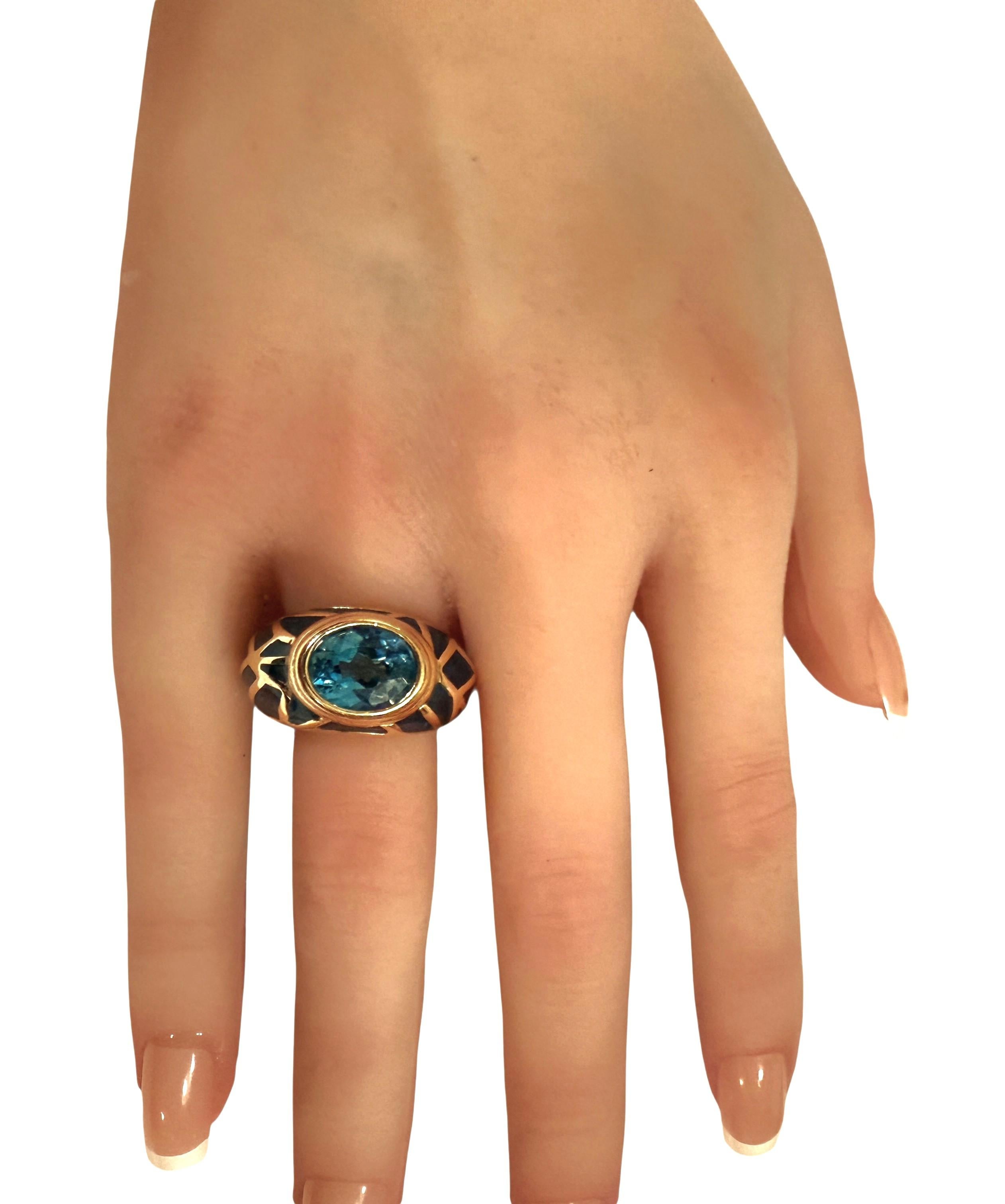 Anillo de oro amarillo de 10 quilates con topacio azul de Londres de 2,54 quilates y esmalte azul talla diamante en venta 4