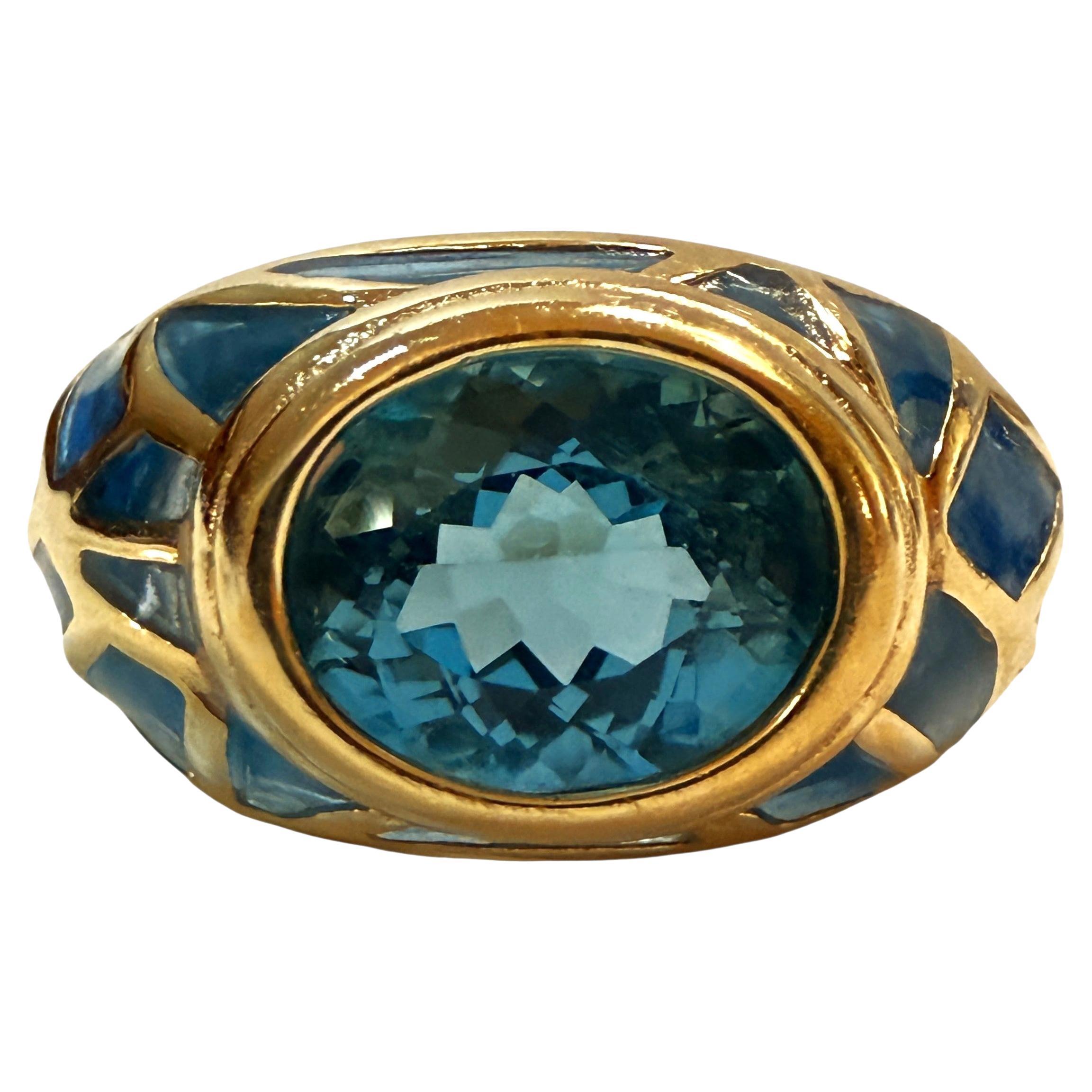 Anillo de oro amarillo de 10 quilates con topacio azul de Londres de 2,54 quilates y esmalte azul talla diamante en venta