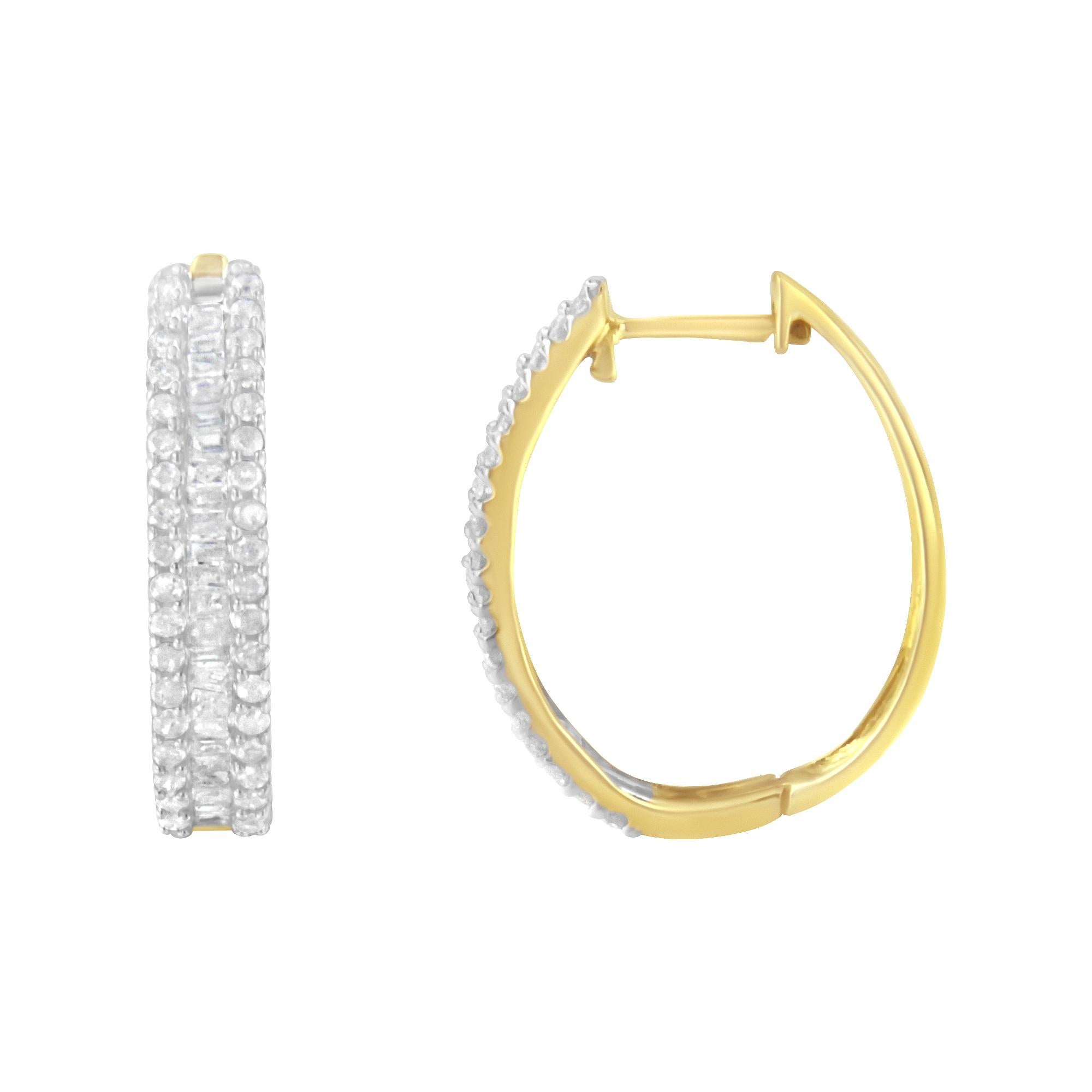 Magnificent hoop earrings with a classic design that embraces 122 genuine diamonds and a total diamond weight of 3/4ct. Made with 10k yellow gold structure that encloses baguette-cut diamonds in a channel setting  in the middle. The outer layers