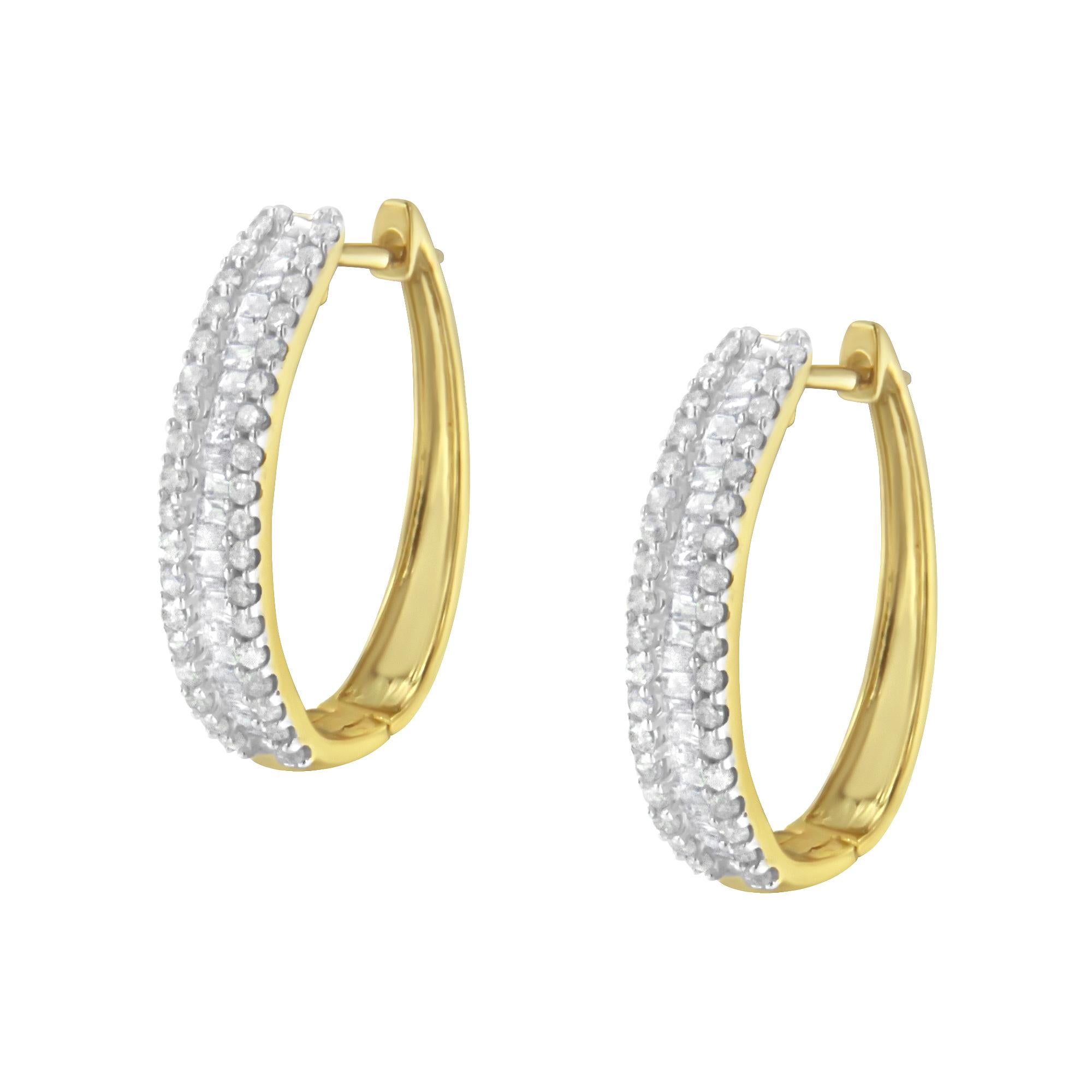 Round Cut 10K Yellow Gold 3/4 Carat Diamond Hoop Earrings For Sale