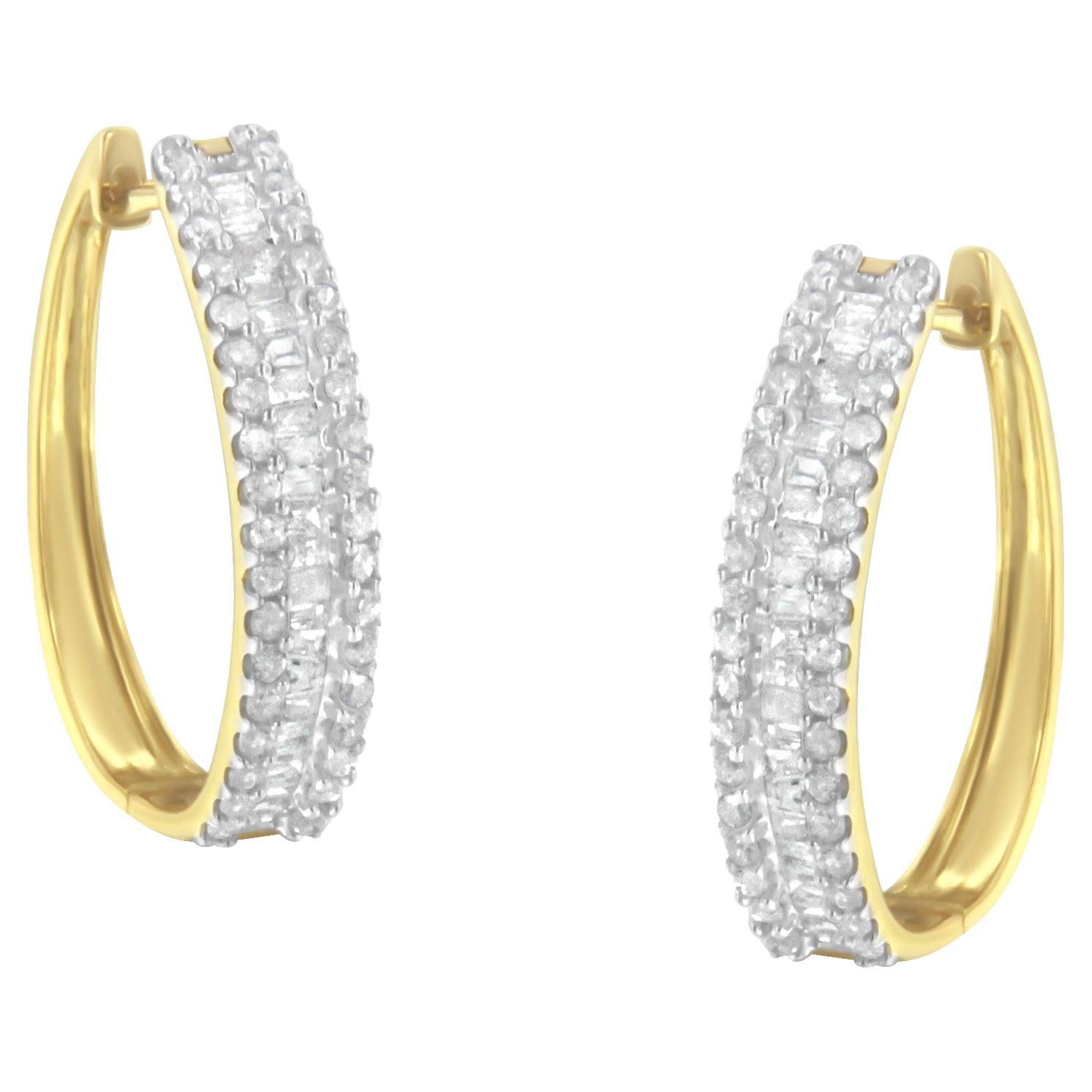 10K Yellow Gold 3/4 Carat Diamond Hoop Earrings For Sale