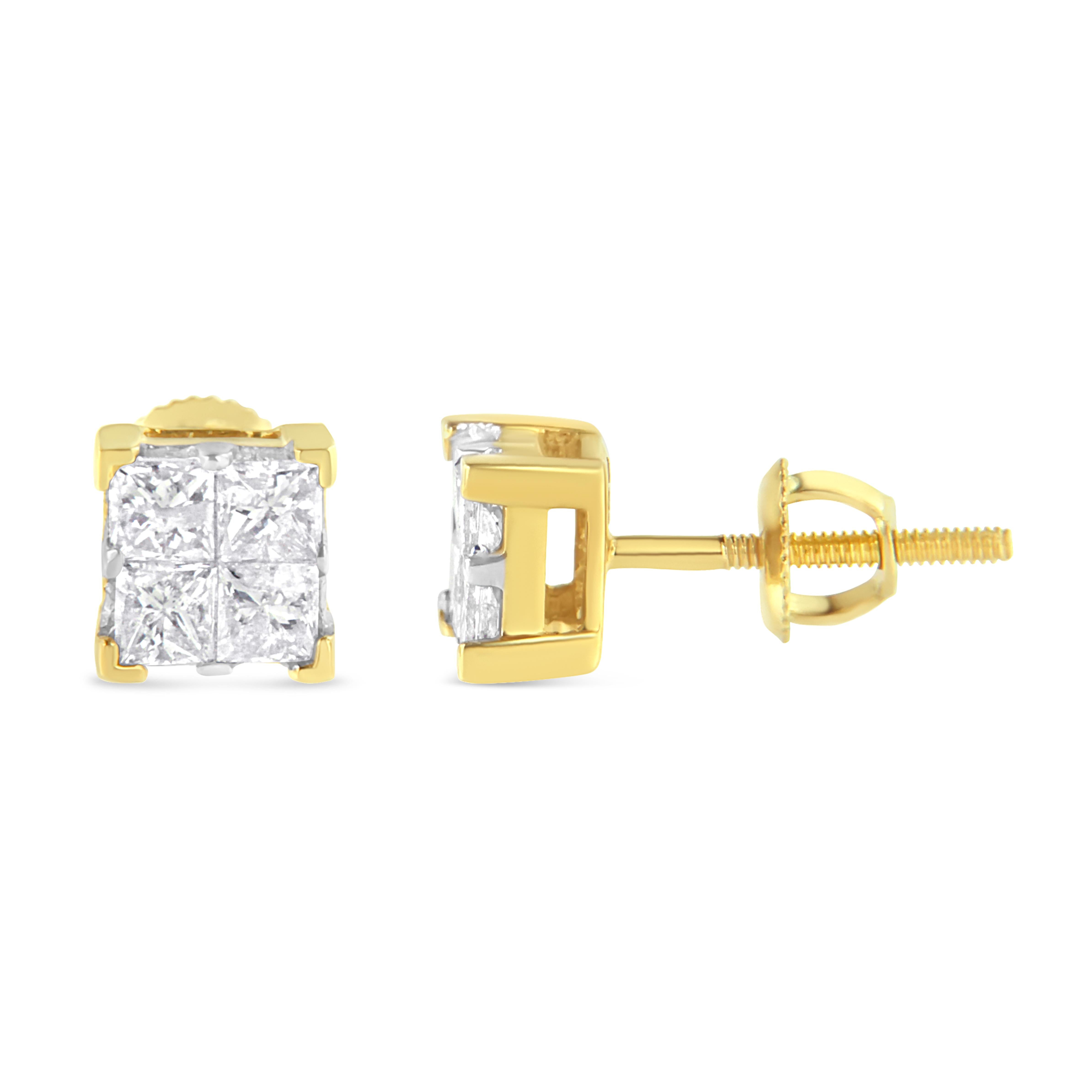 Setzen Sie die Liebe in Szene mit diesen funkelnden Diamant-Ohrsteckern. Jeder Ohrring ist aus warmem 10-karätigem Gelbgold gefertigt und besteht aus einem quadratischen Verbund von 4 funkelnden Diamanten im Prinzessschliff. Diese Ohrstecker