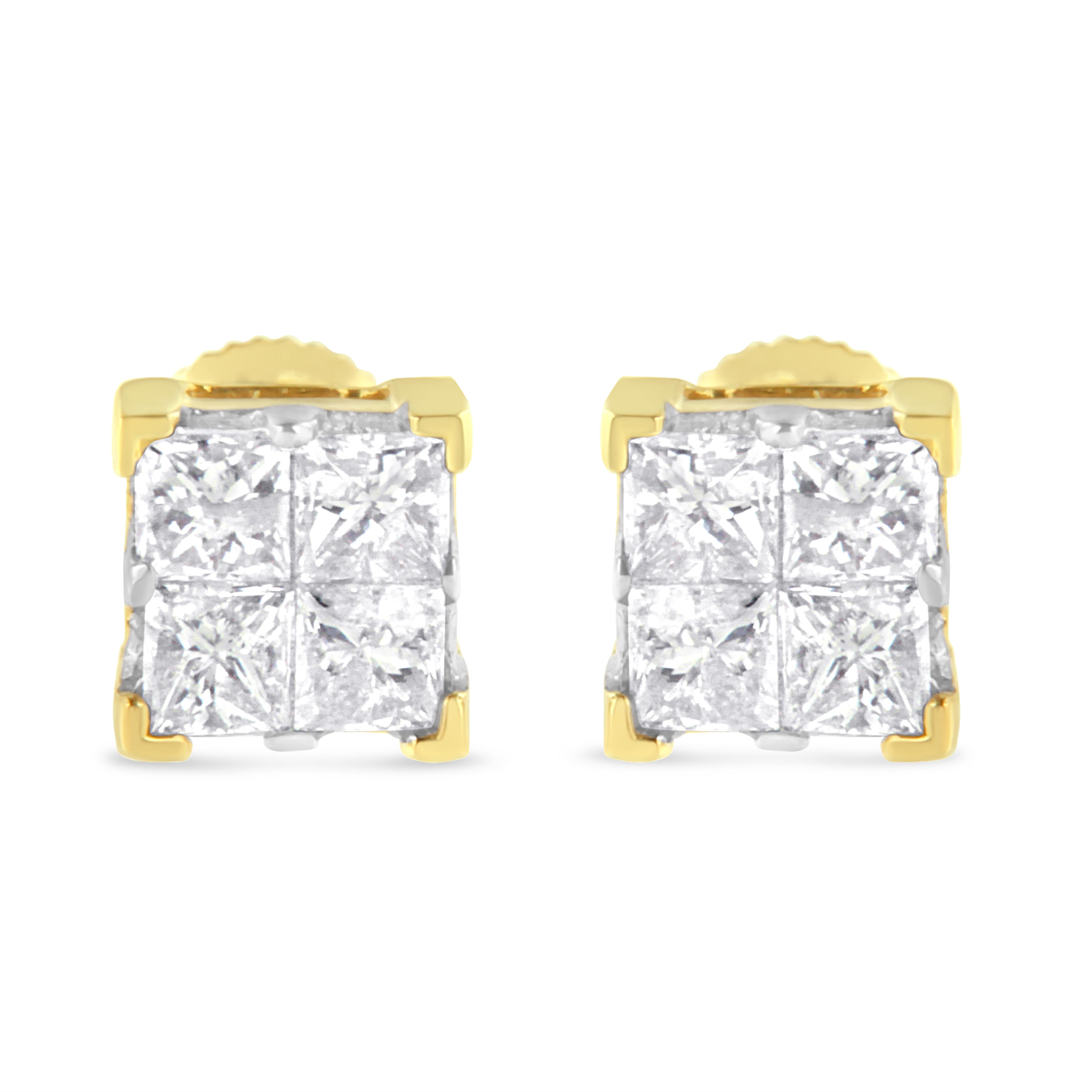 10K Gelbgold 3/4 Karat Prinzessinnenschliff Diamant-Komposit Quadratische Ohrstecker (Zeitgenössisch) im Angebot