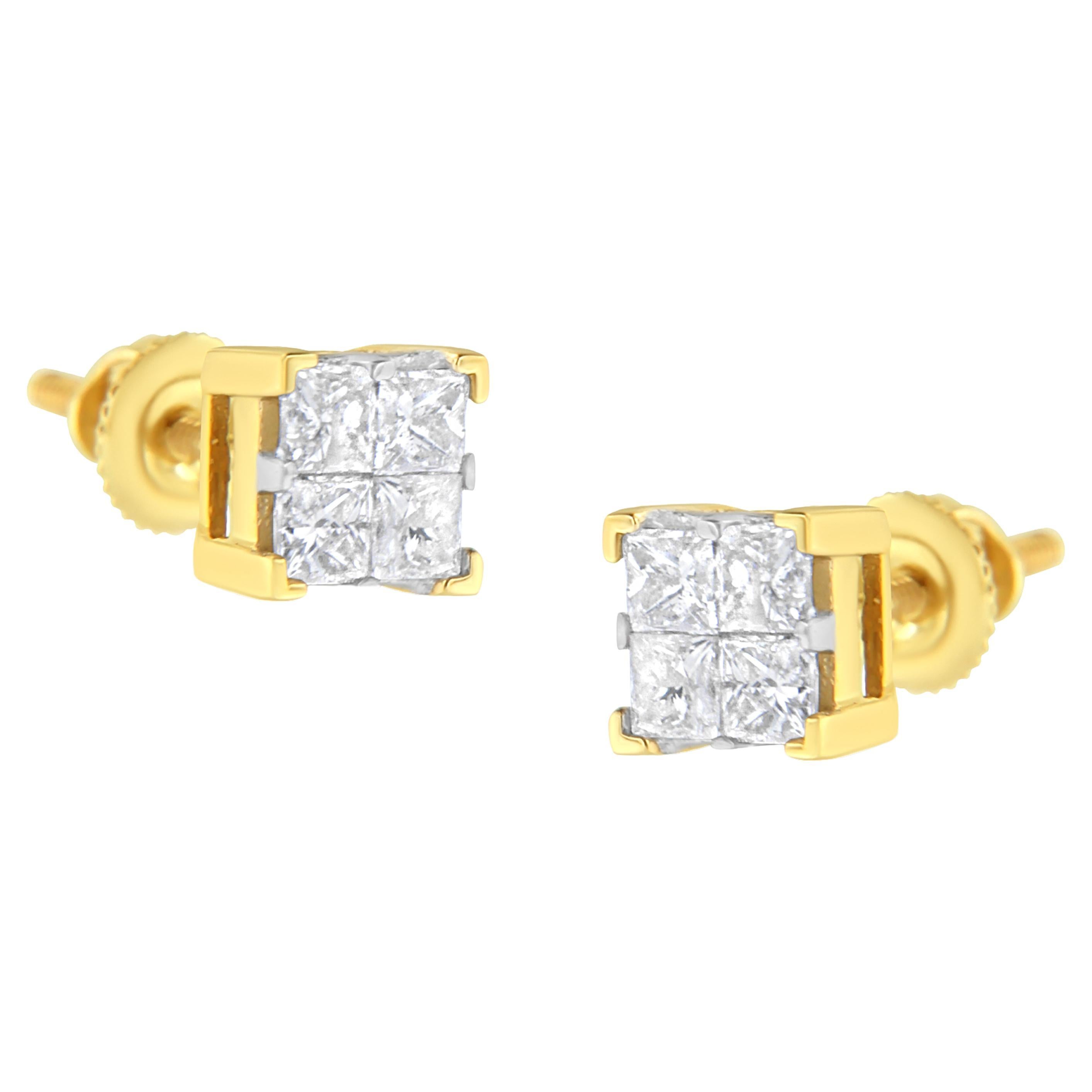 10K Yellow Gold 3/4 Carat Princess-Cut Diamond Composite Square Stud Earrings For Sale
