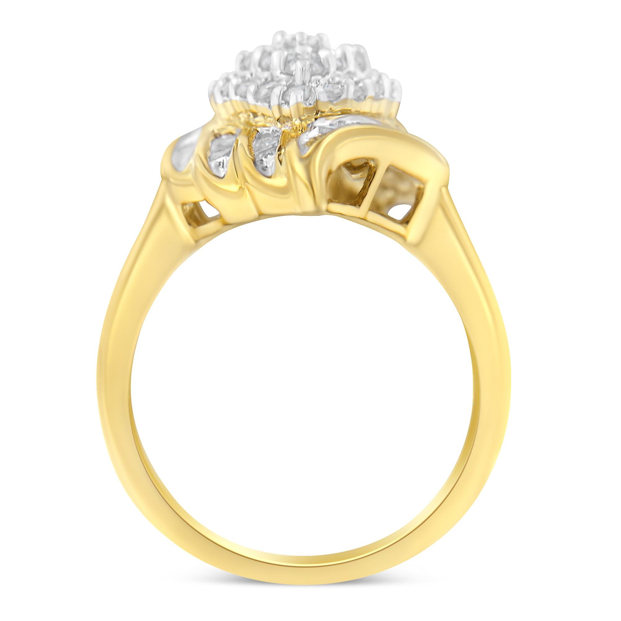 Add this incredibly unique diamond ring to your jewelry collection. Created with the finest 10k yellow gold, this piece is embellished wiht 27 round diamonds in a prong setting, and 32 baguette diamonds in a channel setting. It has a total diamond