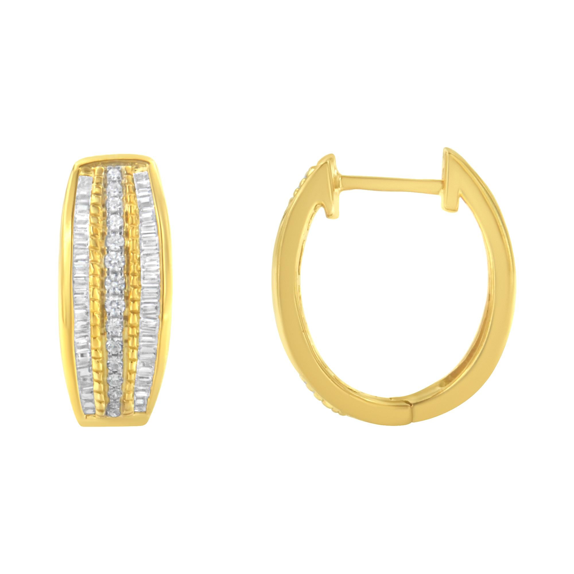 These rich and beautiful 10K yellow gold hoop earring are classic in style and trendy in fashion; the pave and channel set ¾ cttw diamonds are the perfect addition to the earrings' beauty. These diamonds are placed in three rows to create a trendy